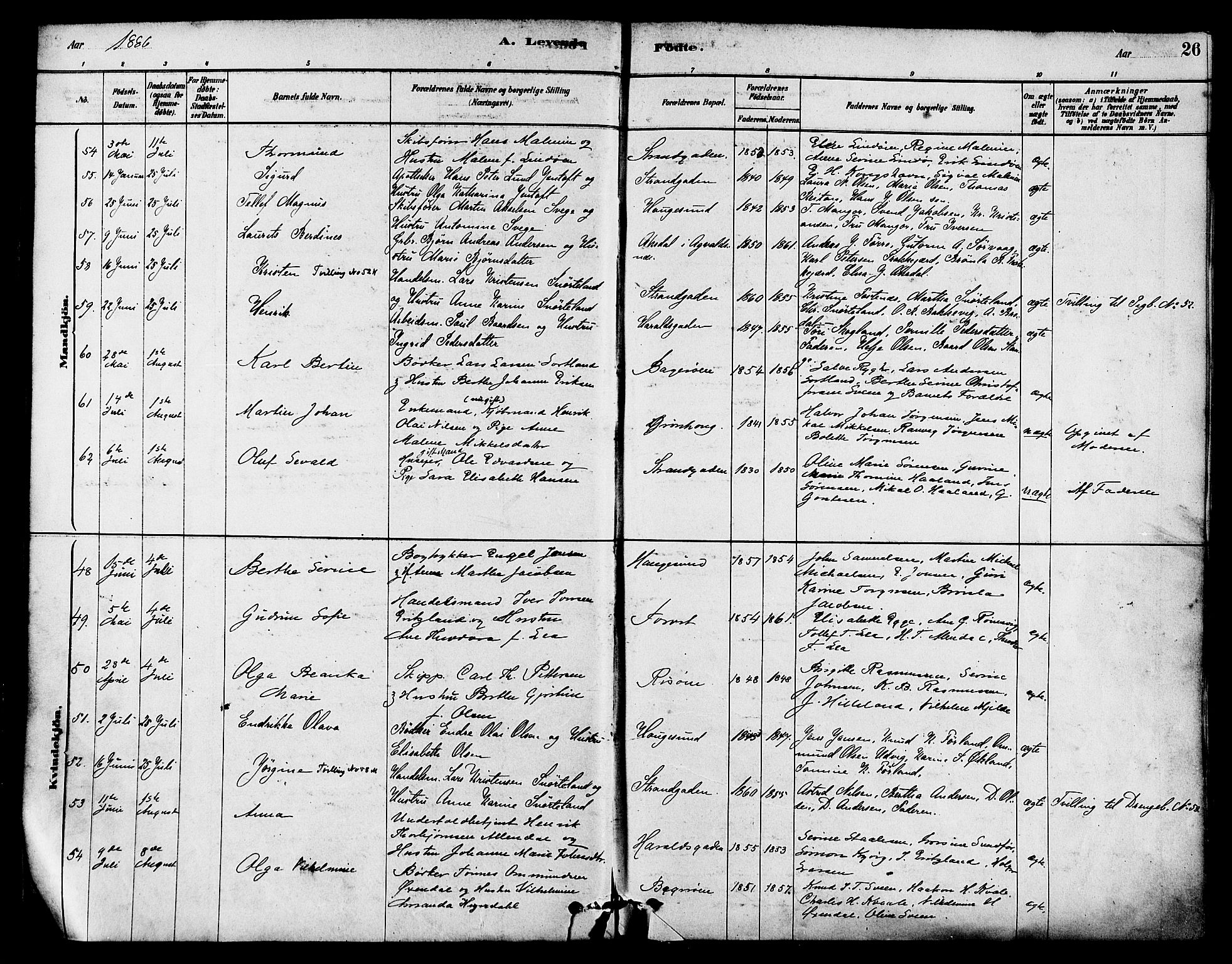 Haugesund sokneprestkontor, AV/SAST-A -101863/H/Ha/Haa/L0003: Parish register (official) no. A 3, 1885-1890, p. 26