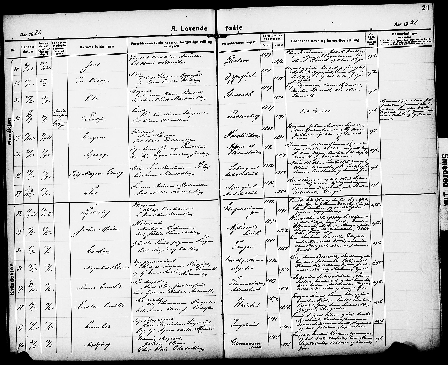 Løten prestekontor, AV/SAH-PREST-022/L/La/L0008: Parish register (copy) no. 8, 1920-1929, p. 21