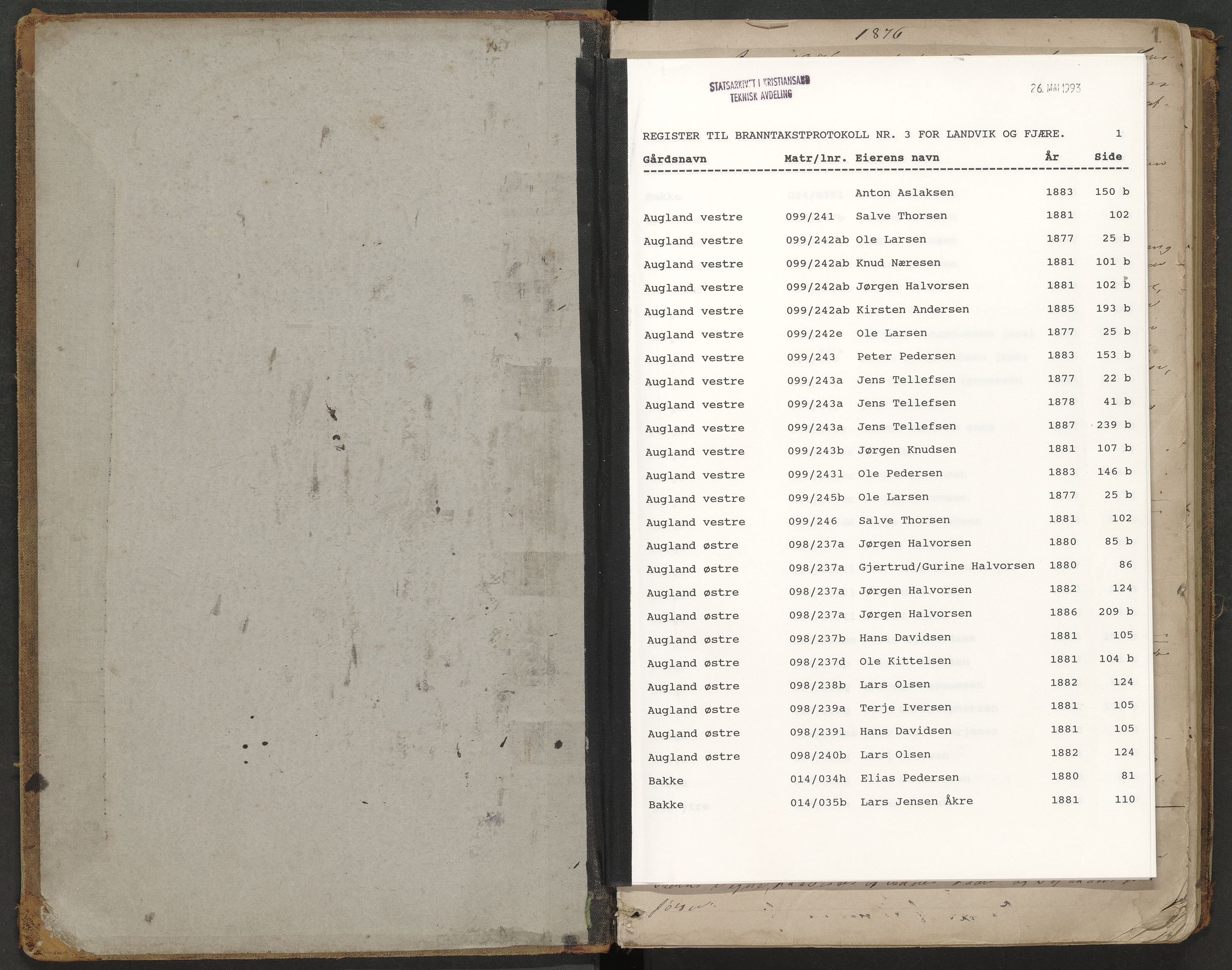 Norges Brannkasse Landvik og Fjære, AV/SAK-2241-0032/F/Fa/L0003: Branntakstprotokoll nr. 3 med gårdsnavnregister, 1876-1890