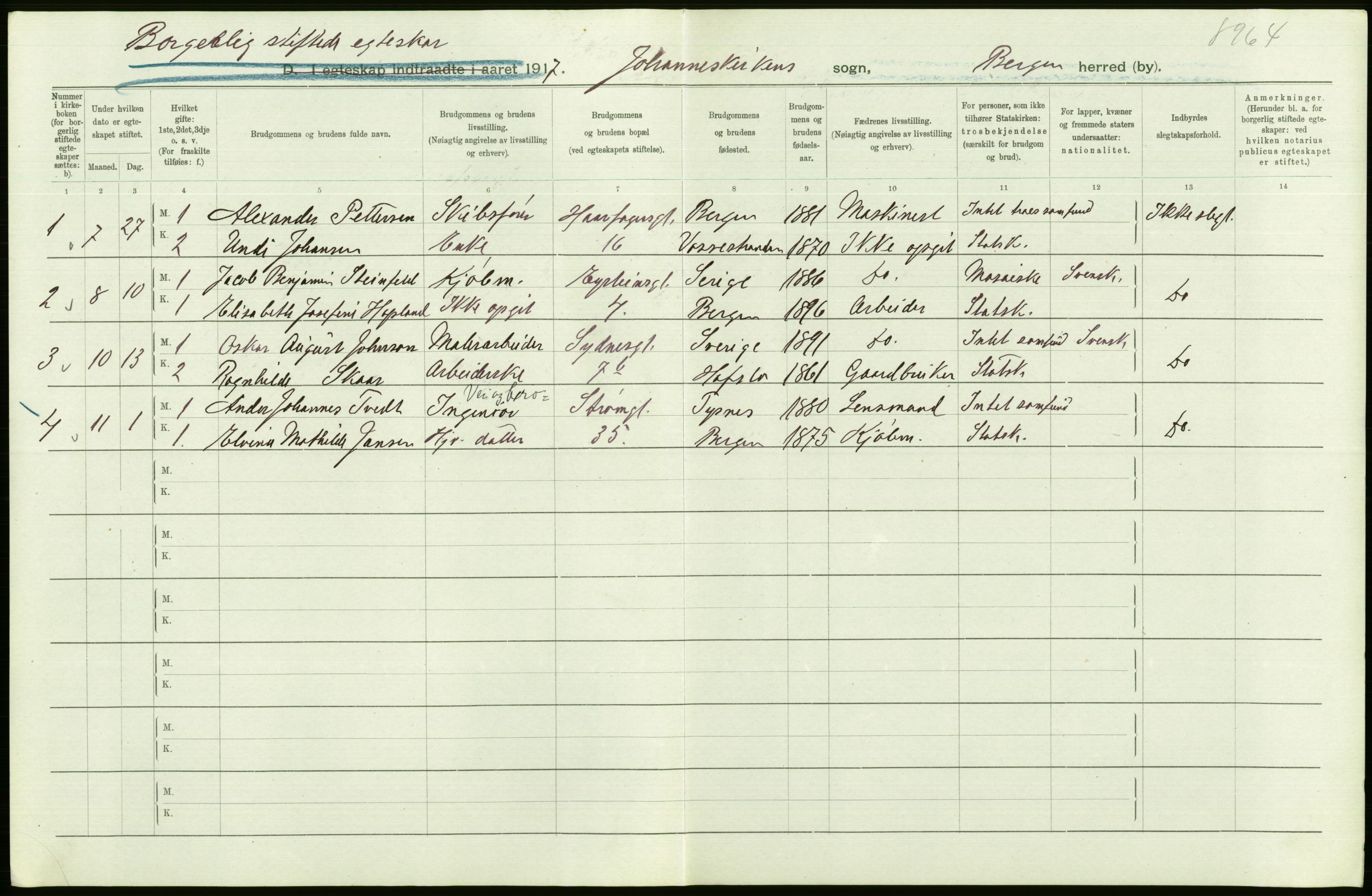 Statistisk sentralbyrå, Sosiodemografiske emner, Befolkning, AV/RA-S-2228/D/Df/Dfb/Dfbg/L0038: Bergen: Gifte, døde, dødfødte., 1917, p. 118