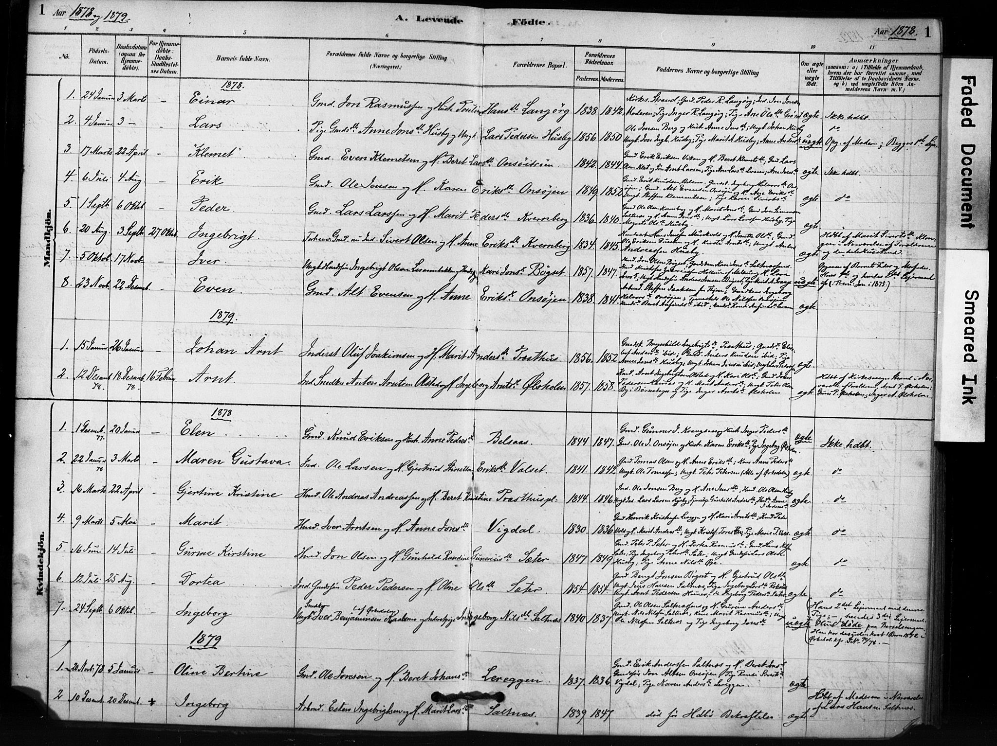 Ministerialprotokoller, klokkerbøker og fødselsregistre - Sør-Trøndelag, SAT/A-1456/666/L0786: Parish register (official) no. 666A04, 1878-1895, p. 1