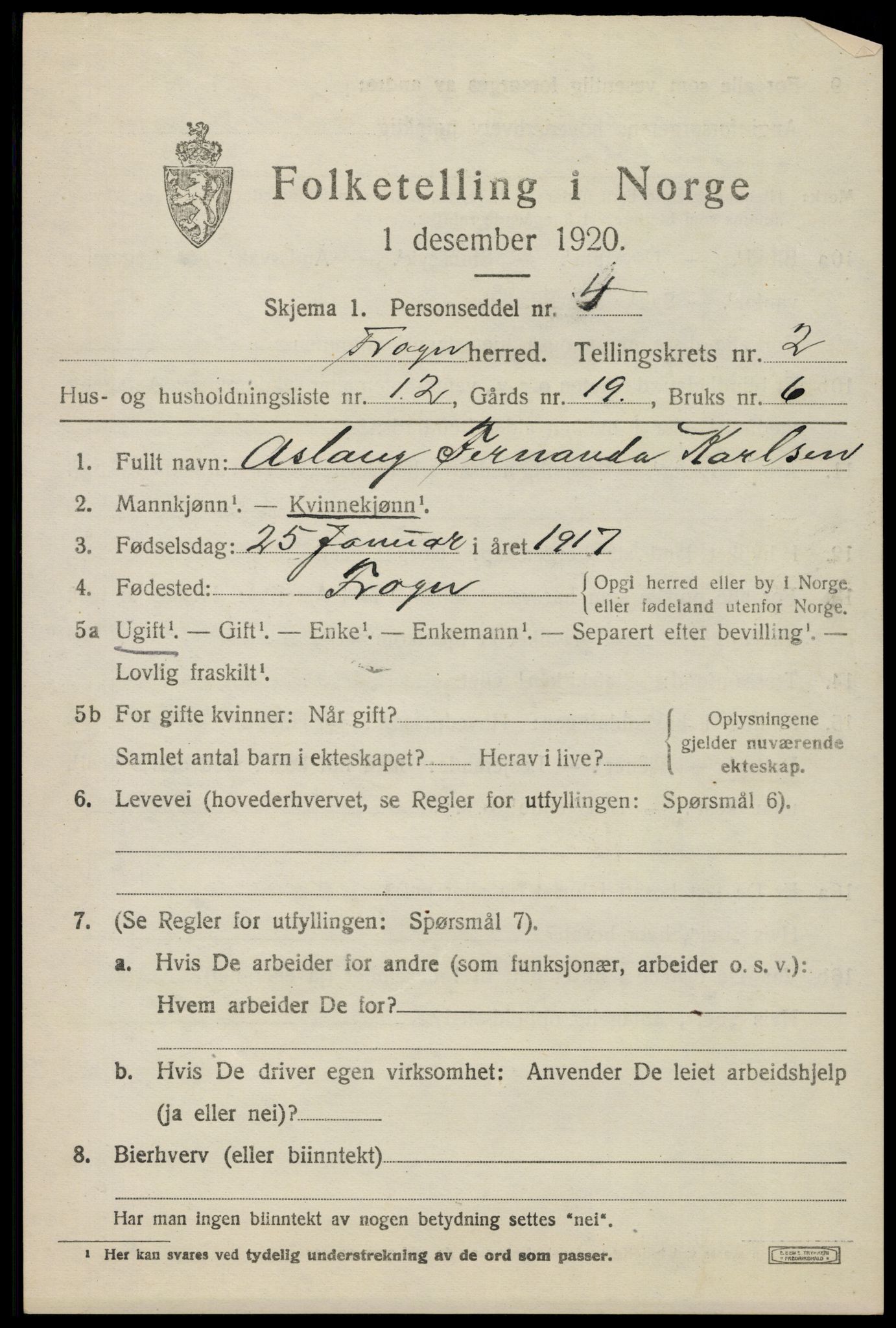 SAO, 1920 census for Frogn, 1920, p. 2961