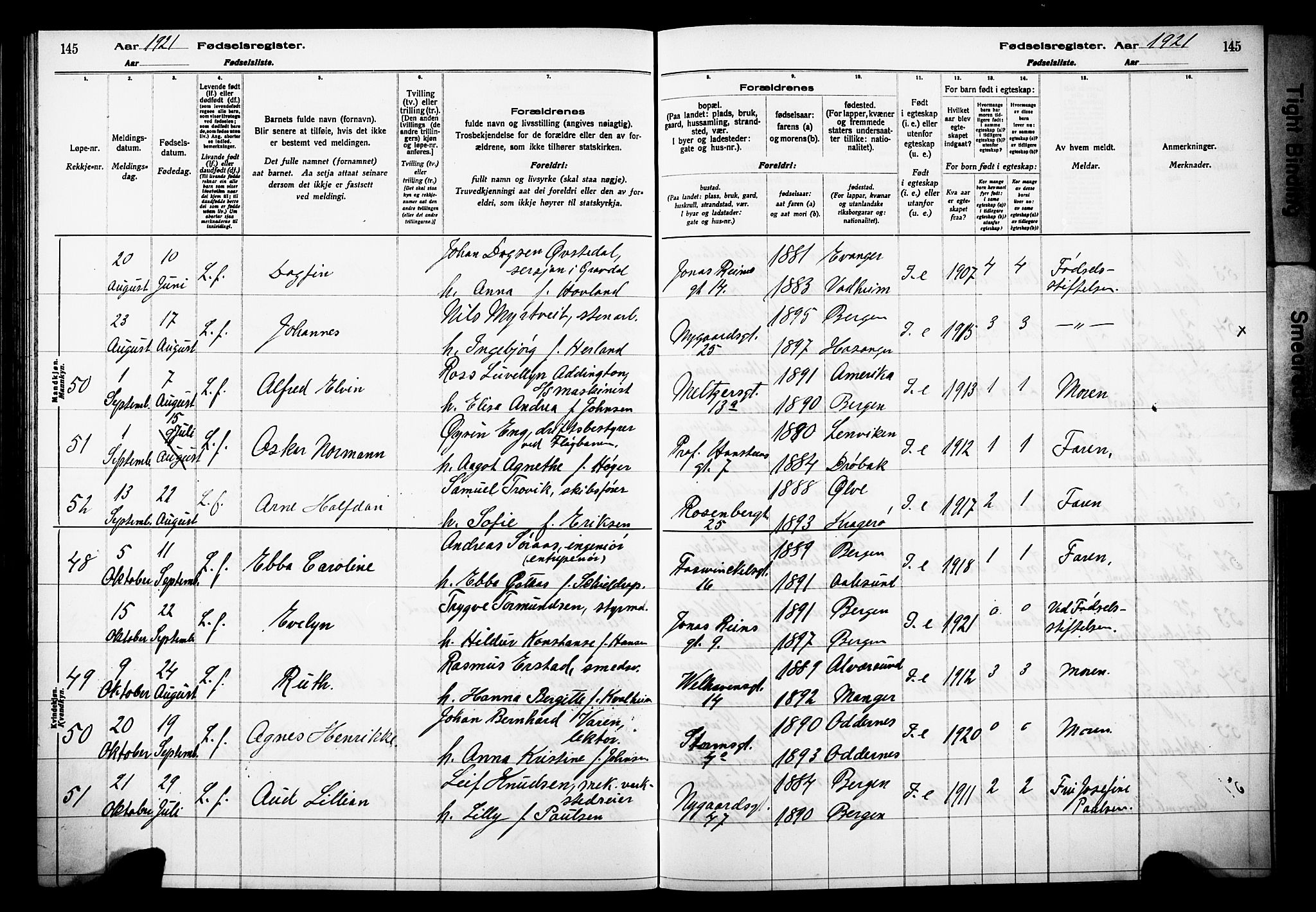 Johanneskirken sokneprestembete, AV/SAB-A-76001/I/Id/L00A1: Birth register no. A 1, 1916-1924, p. 145