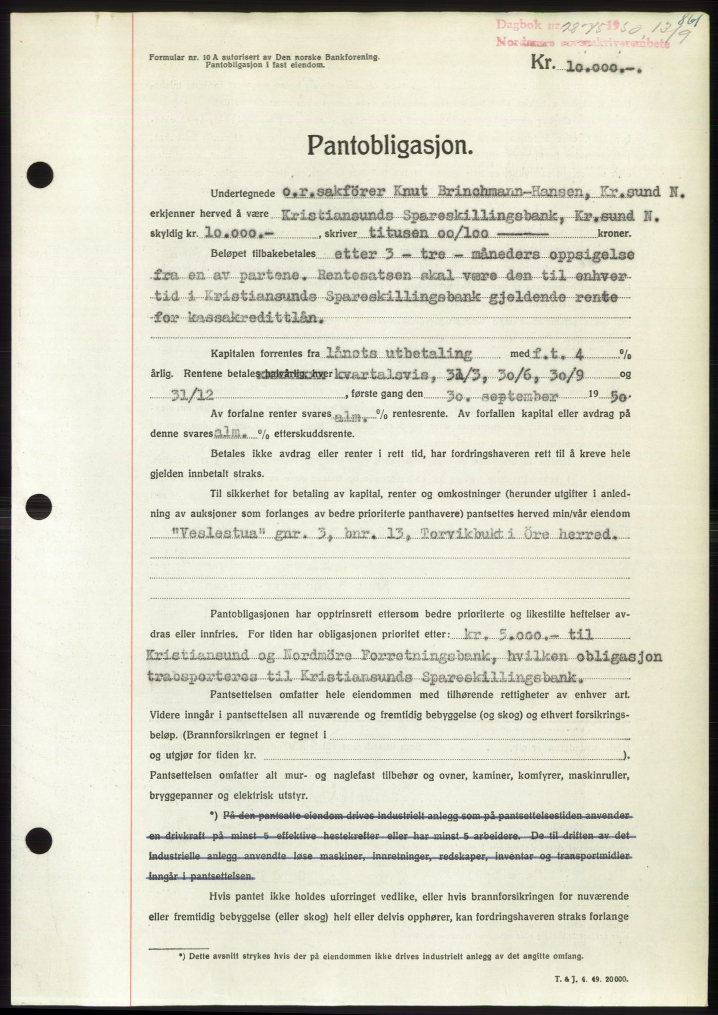 Nordmøre sorenskriveri, AV/SAT-A-4132/1/2/2Ca: Mortgage book no. B105, 1950-1950, Diary no: : 2875/1950