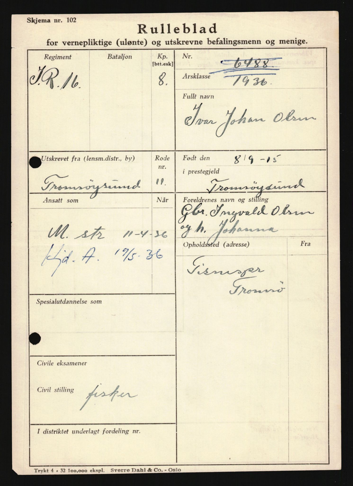 Forsvaret, Troms infanteriregiment nr. 16, AV/RA-RAFA-3146/P/Pa/L0020: Rulleblad for regimentets menige mannskaper, årsklasse 1936, 1936, p. 1029