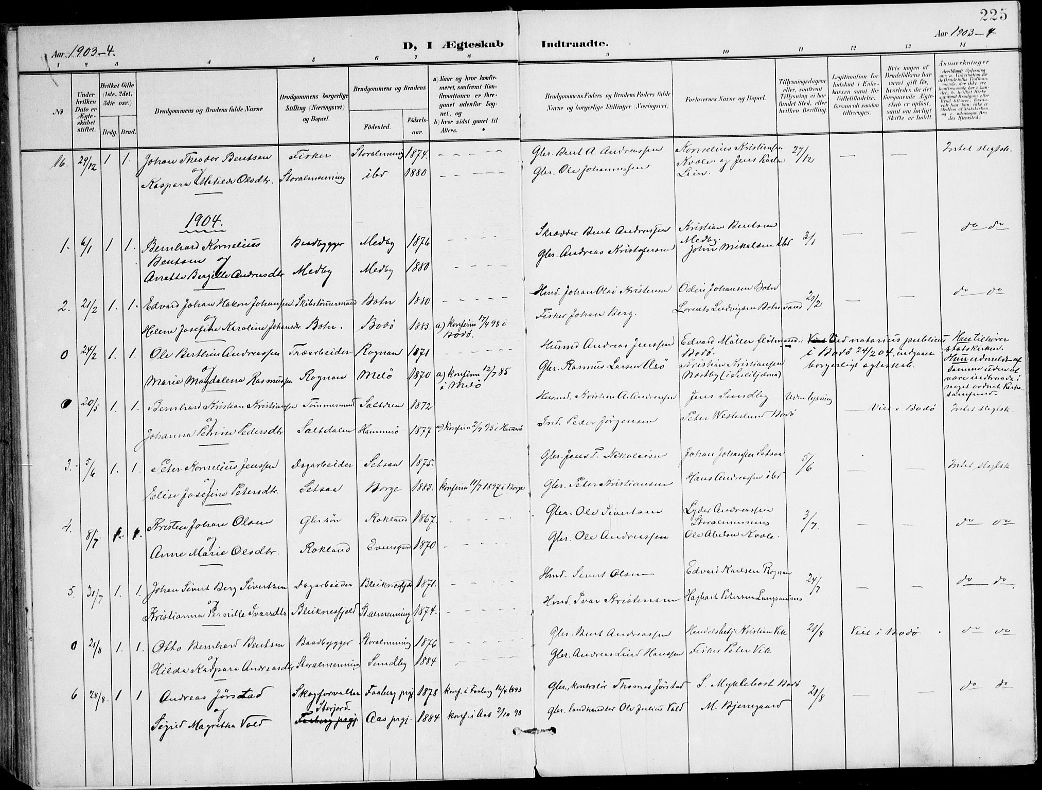 Ministerialprotokoller, klokkerbøker og fødselsregistre - Nordland, SAT/A-1459/847/L0672: Parish register (official) no. 847A12, 1902-1919, p. 225