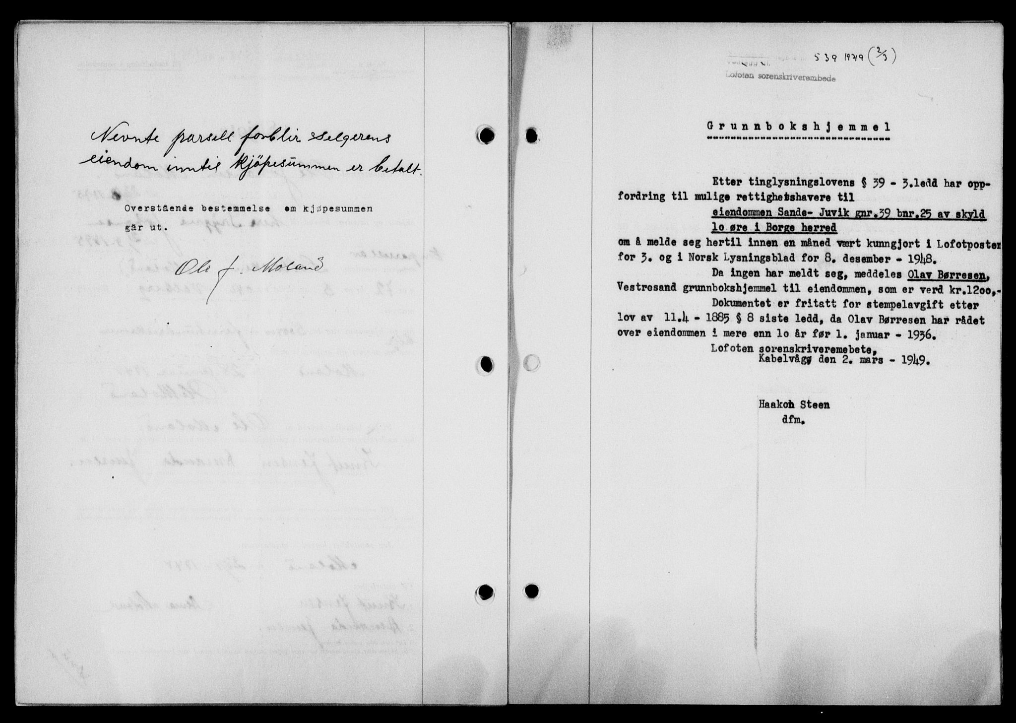 Lofoten sorenskriveri, SAT/A-0017/1/2/2C/L0020a: Mortgage book no. 20a, 1948-1949, Diary no: : 539/1949