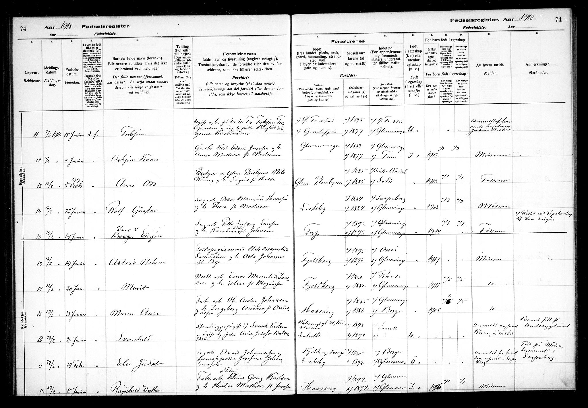 Glemmen prestekontor Kirkebøker, AV/SAO-A-10908/J/Ja/L0001: Birth register no. I 1, 1916-1922, p. 74