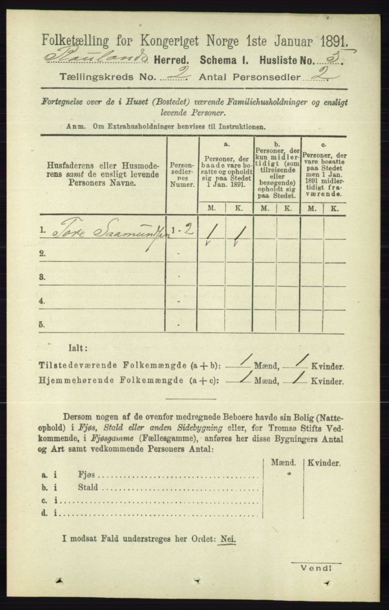 RA, 1891 census for 0835 Rauland, 1891, p. 186