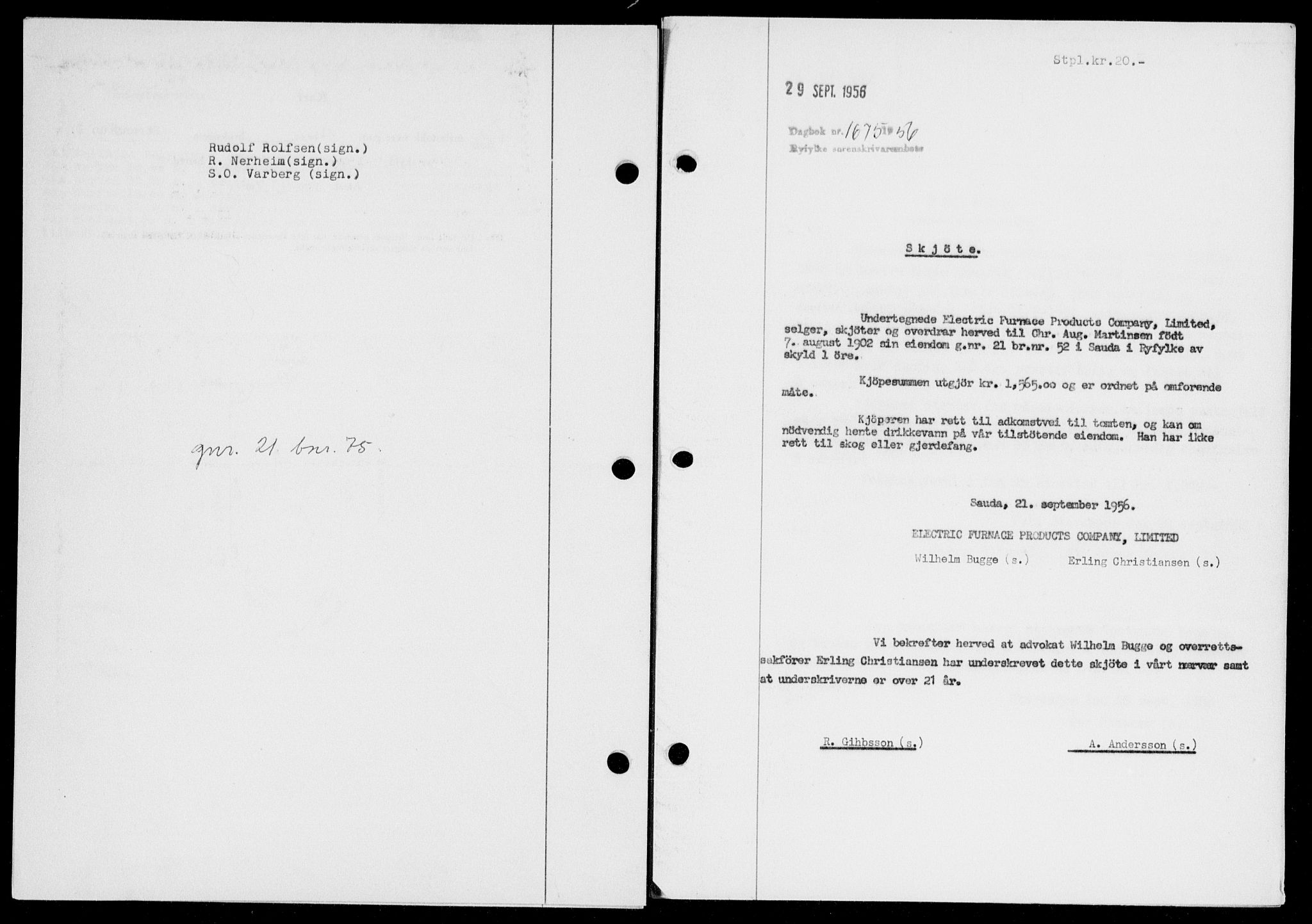 Ryfylke tingrett, SAST/A-100055/001/II/IIB/L0134: Mortgage book no. 113, 1956-1956, Diary no: : 1675/1956
