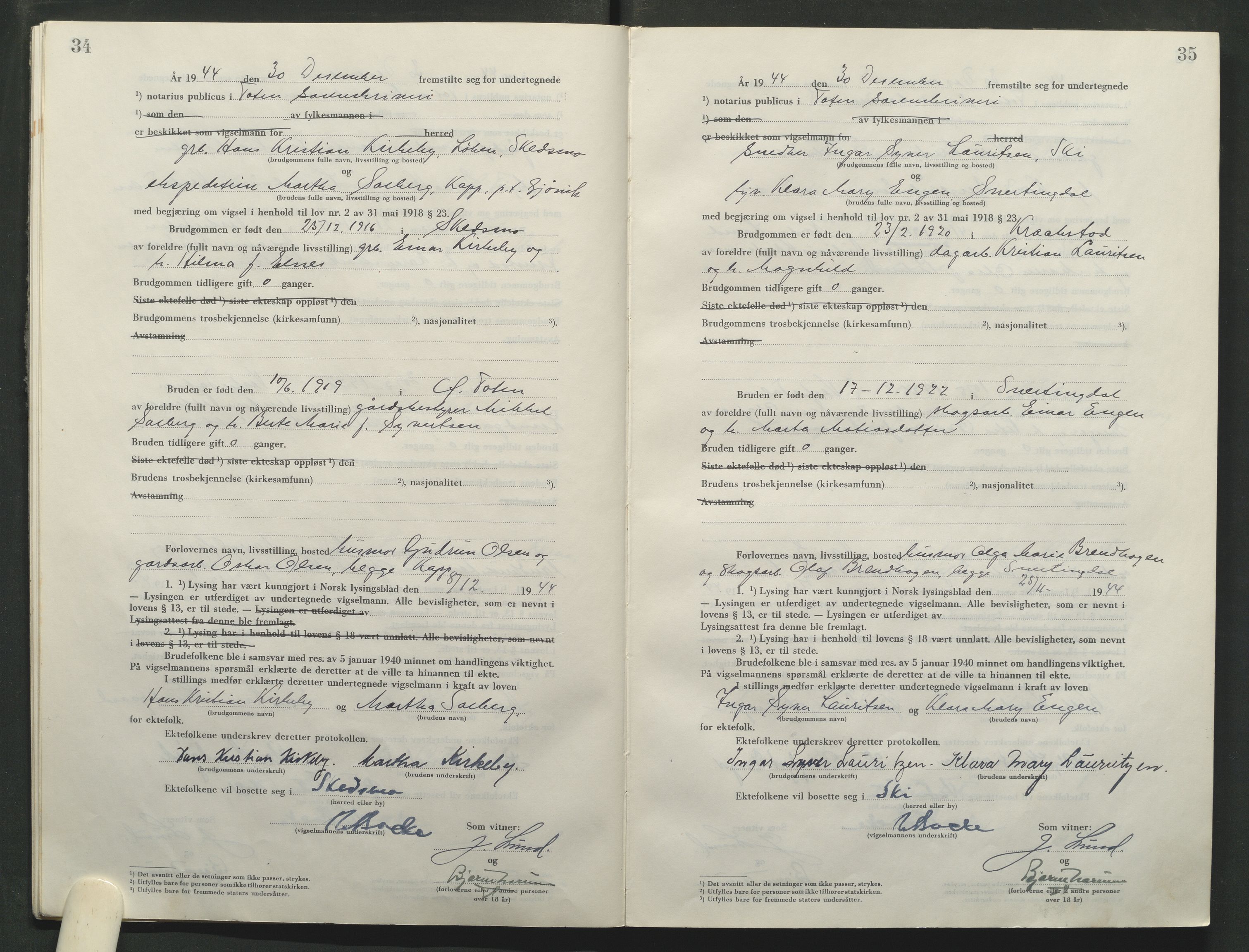 Toten tingrett, AV/SAH-TING-006/L/Lc/L0005: Vigselbok, 1944-1948, p. 34-35