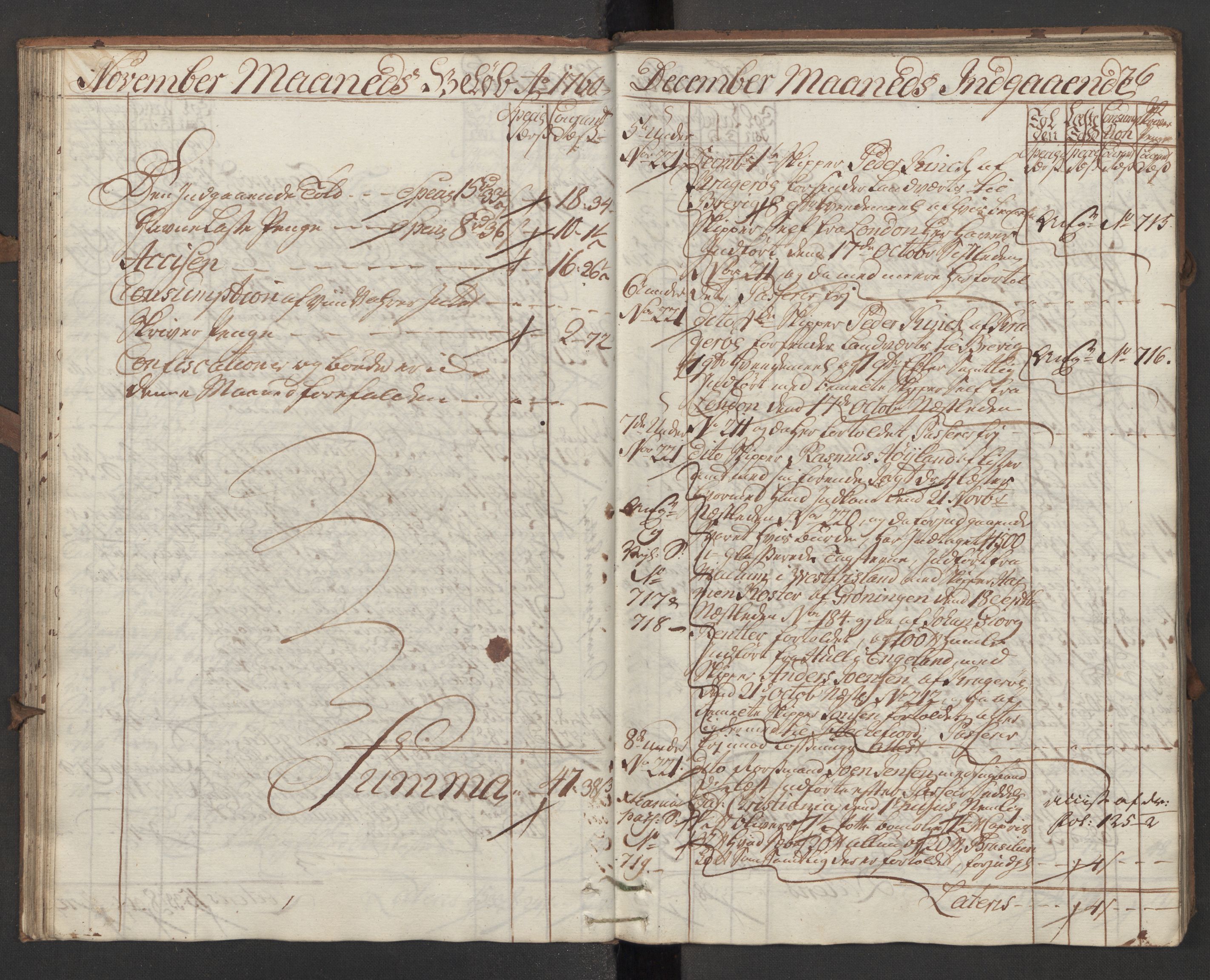 Generaltollkammeret, tollregnskaper, AV/RA-EA-5490/R13/L0028/0001: Tollregnskaper Kragerø / Inngående hovedtollbok, 1760, p. 75b-76a