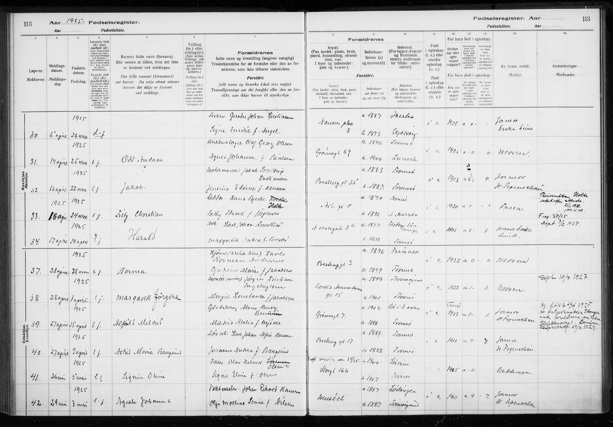 Tromsø sokneprestkontor/stiftsprosti/domprosti, AV/SATØ-S-1343/H/Ha/L0132: Birth register no. 132, 1921-1927, p. 113