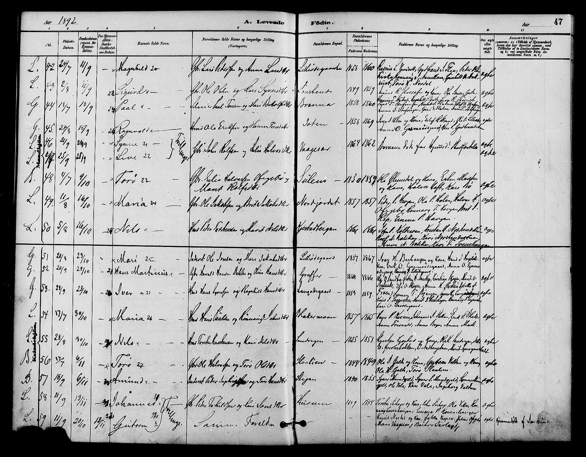 Lom prestekontor, AV/SAH-PREST-070/K/L0008: Parish register (official) no. 8, 1885-1898, p. 47