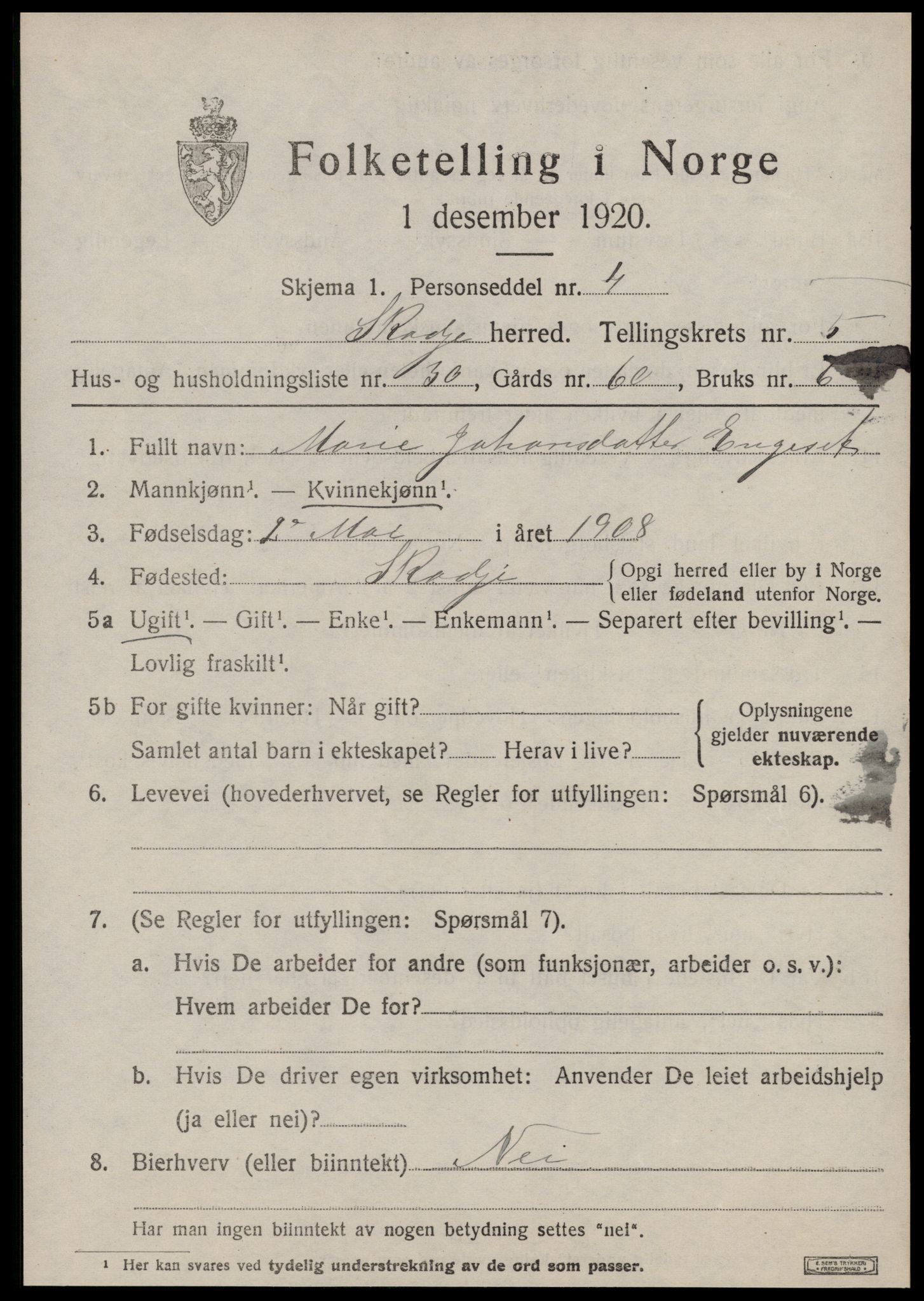 SAT, 1920 census for Skodje, 1920, p. 2611