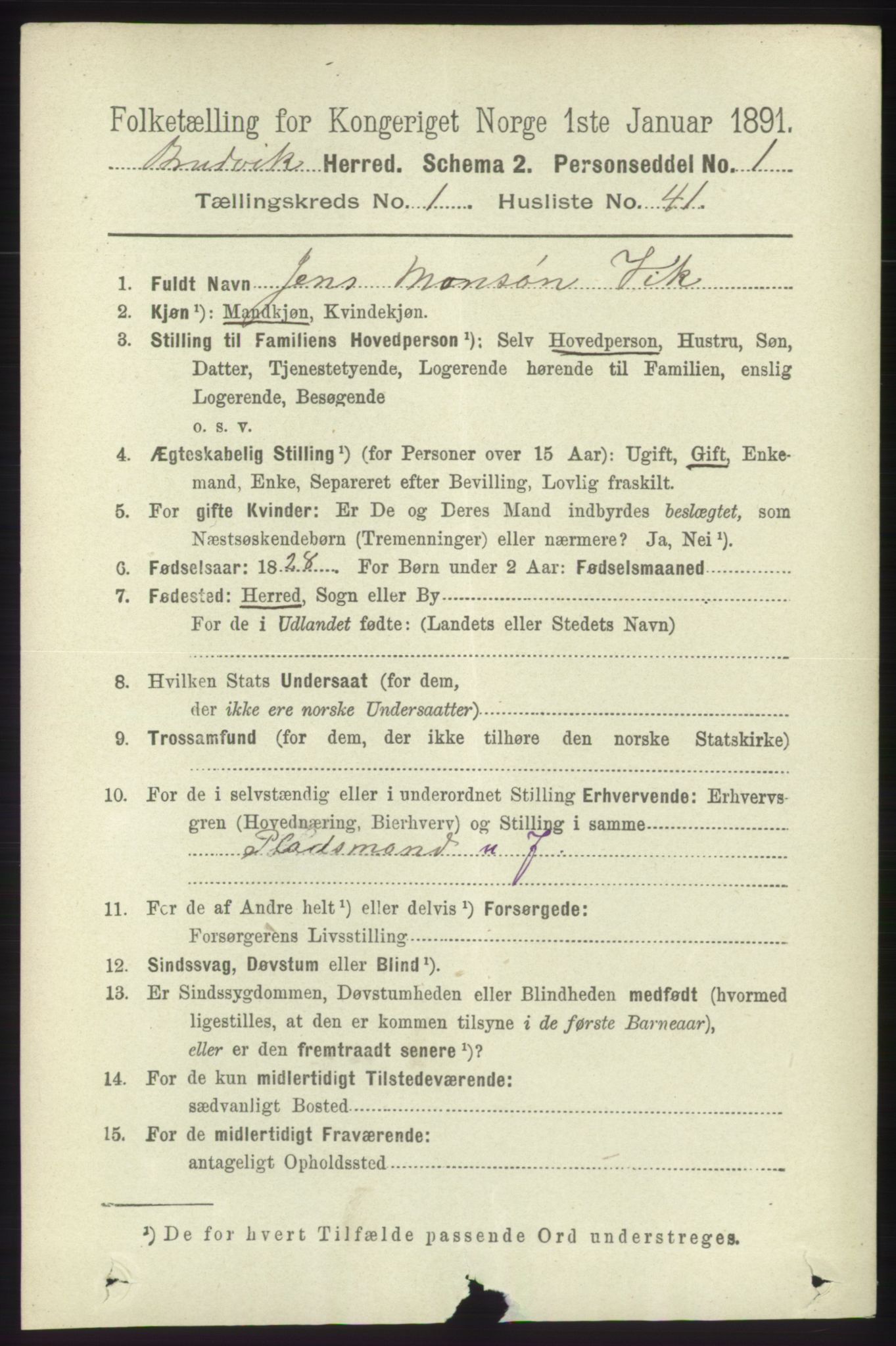 RA, 1891 census for 1251 Bruvik, 1891, p. 376