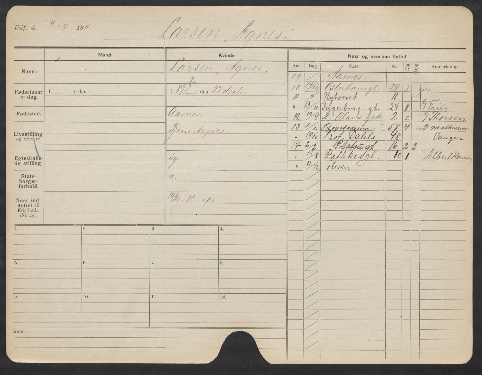 Oslo folkeregister, Registerkort, AV/SAO-A-11715/F/Fa/Fac/L0019: Kvinner, 1906-1914, p. 772a