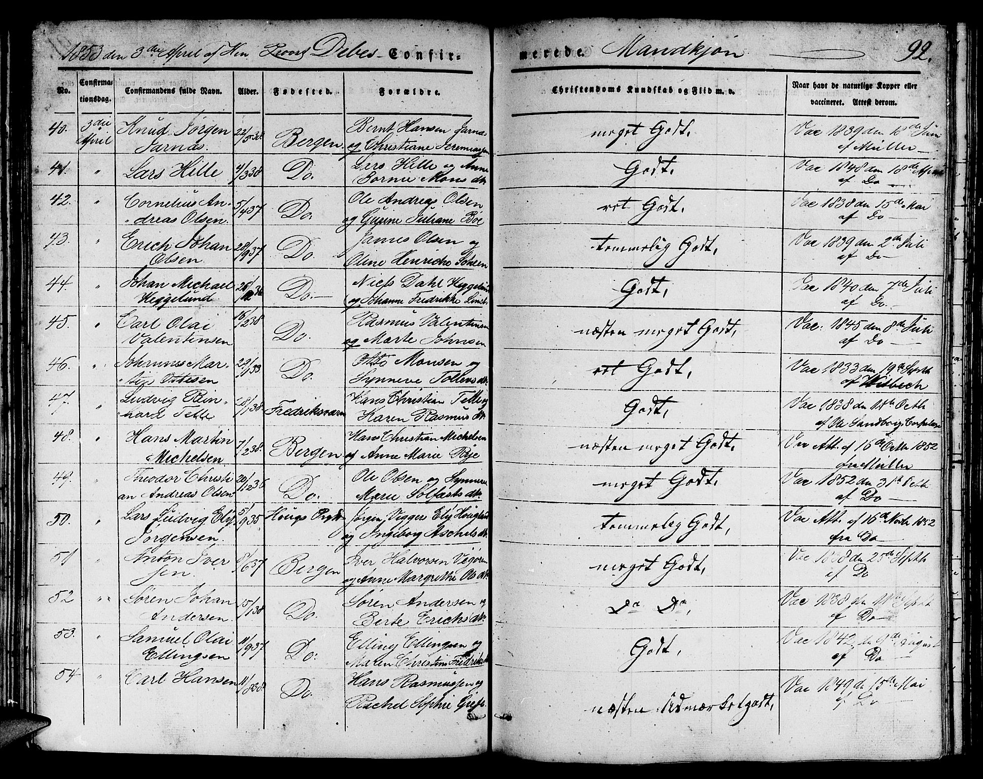 Domkirken sokneprestembete, SAB/A-74801/H/Hab/L0022: Parish register (copy) no. C 2, 1839-1854, p. 92