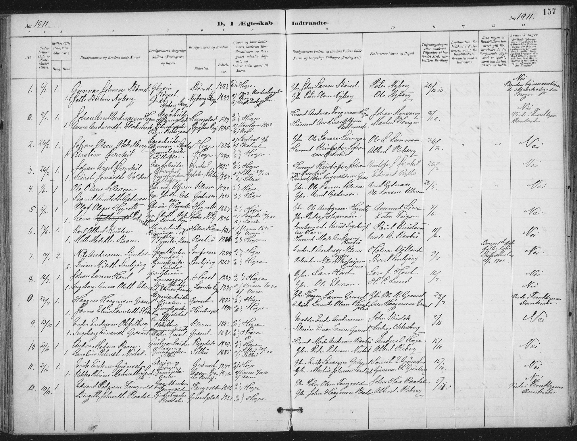 Ministerialprotokoller, klokkerbøker og fødselsregistre - Nord-Trøndelag, SAT/A-1458/703/L0031: Parish register (official) no. 703A04, 1893-1914, p. 157