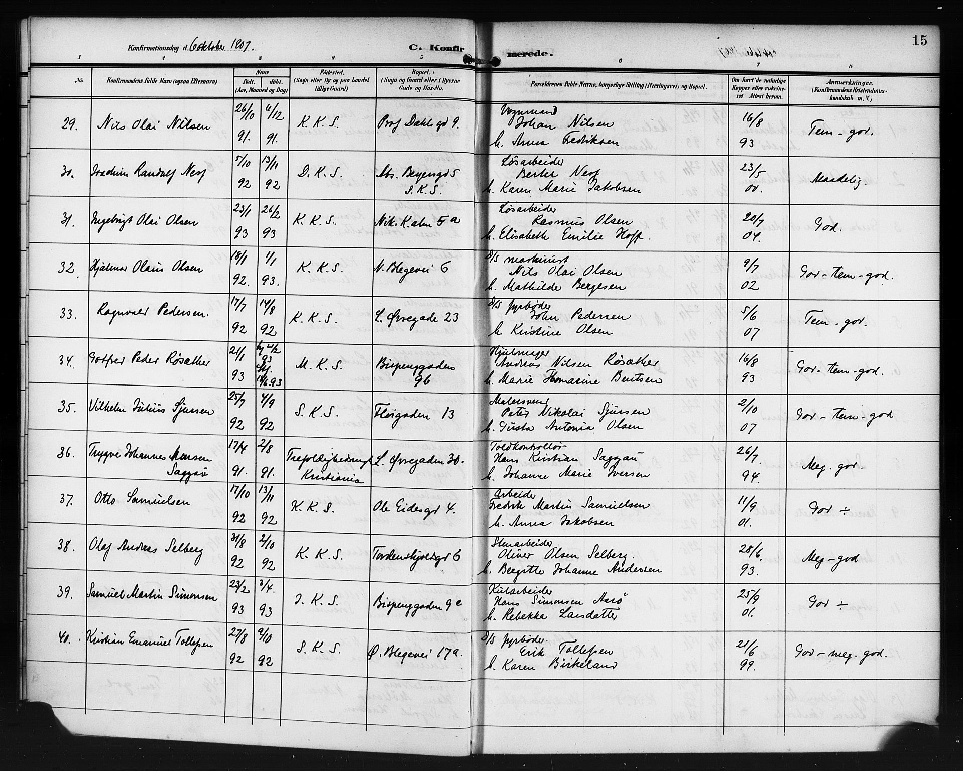 Korskirken sokneprestembete, SAB/A-76101/H/Haa/L0031: Parish register (official) no. C 7, 1907-1921, p. 15