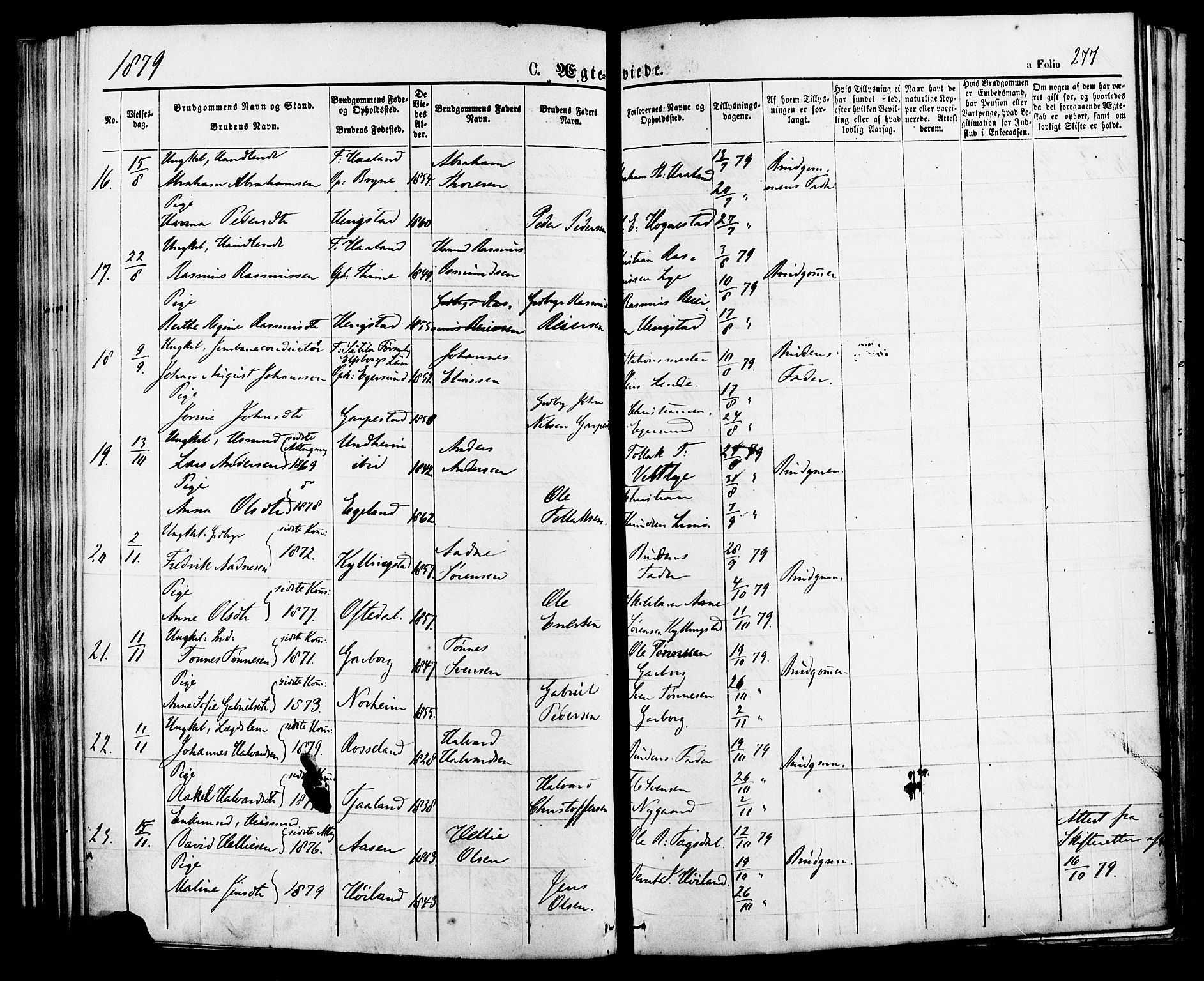 Lye sokneprestkontor, AV/SAST-A-101794/001/30BA/L0008: Parish register (official) no. A 7, 1872-1881, p. 277