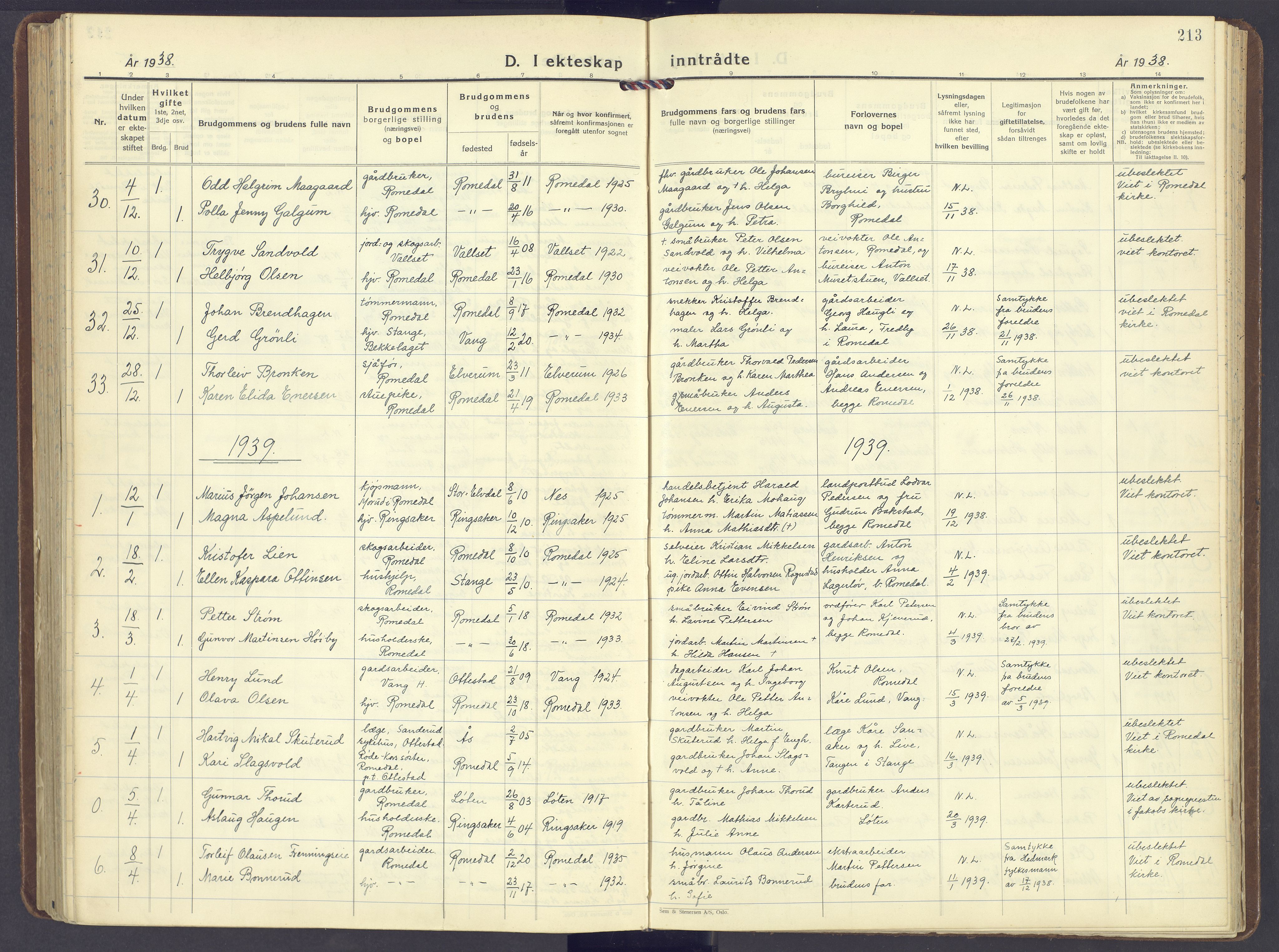 Romedal prestekontor, SAH/PREST-004/K/L0014: Parish register (official) no. 14, 1936-1949, p. 213