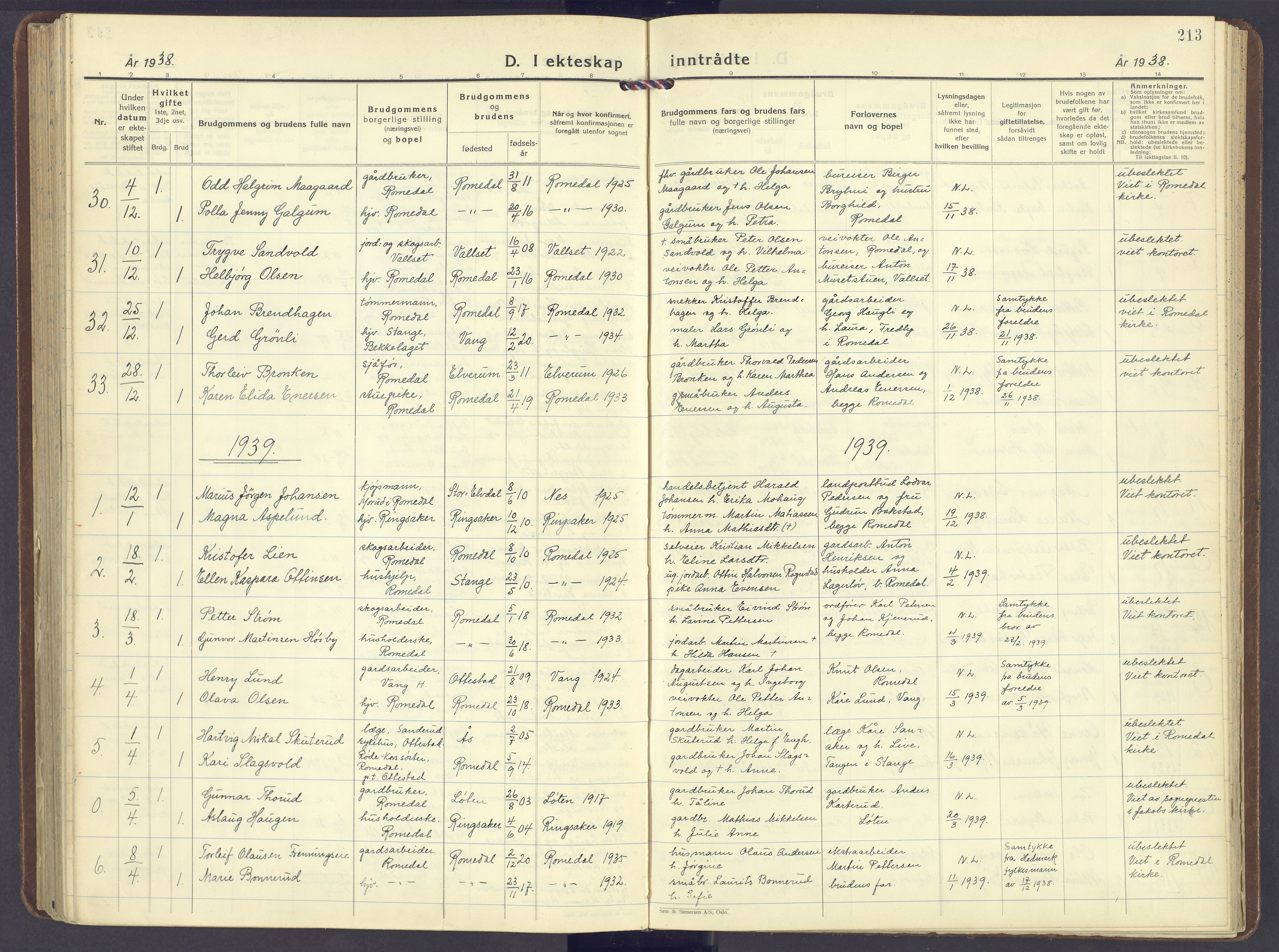 Romedal prestekontor, AV/SAH-PREST-004/K/L0014: Parish register (official) no. 14, 1936-1949, p. 213