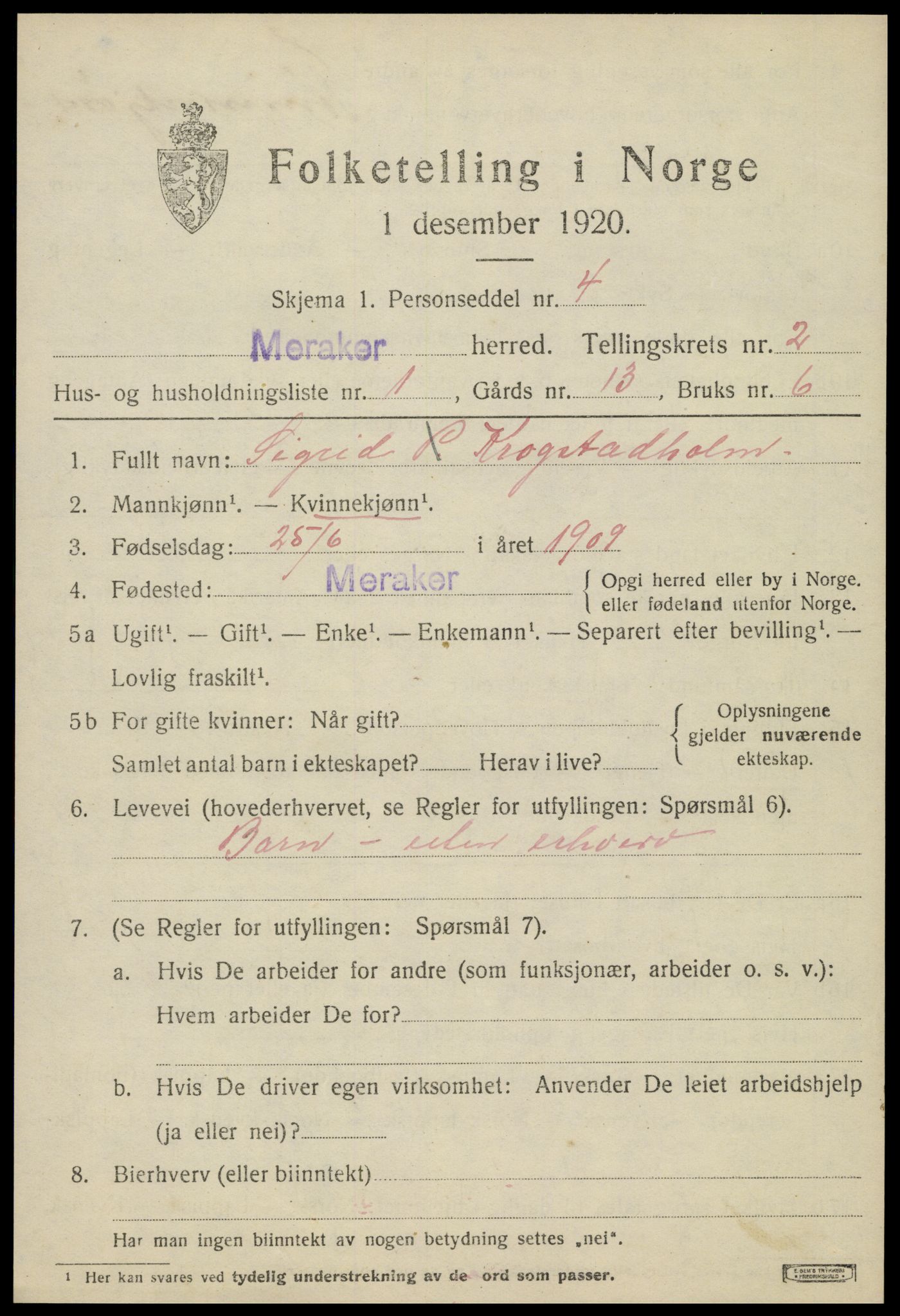 SAT, 1920 census for Meråker, 1920, p. 1740