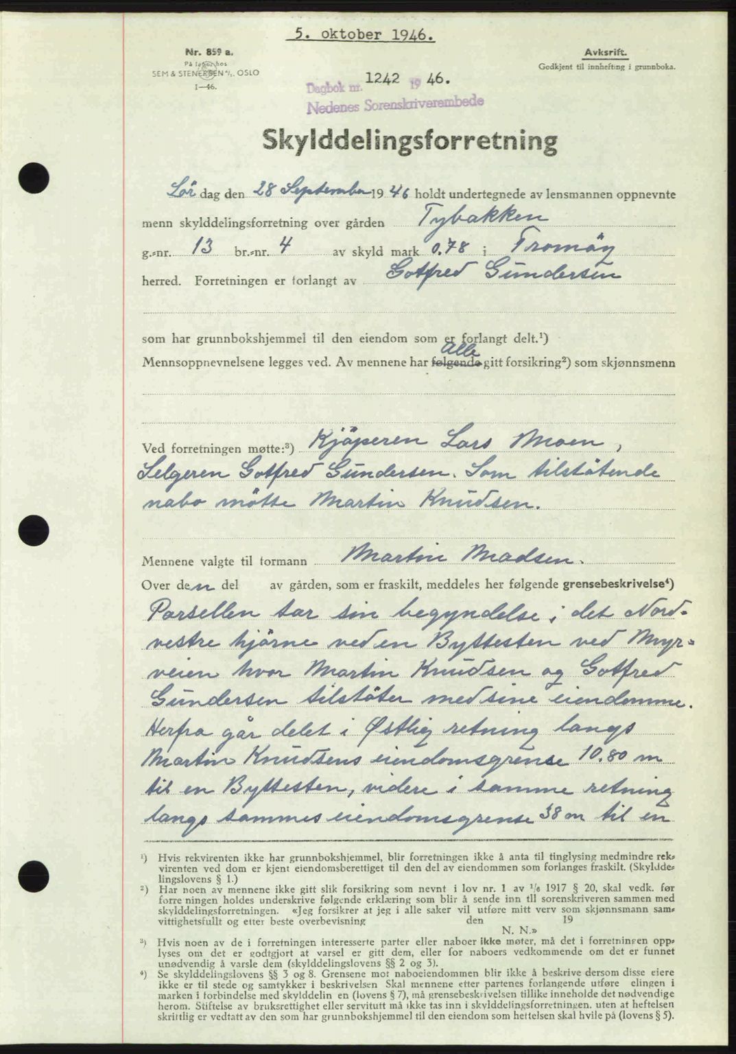 Nedenes sorenskriveri, AV/SAK-1221-0006/G/Gb/Gba/L0056: Mortgage book no. A8, 1946-1947, Diary no: : 1242/1946