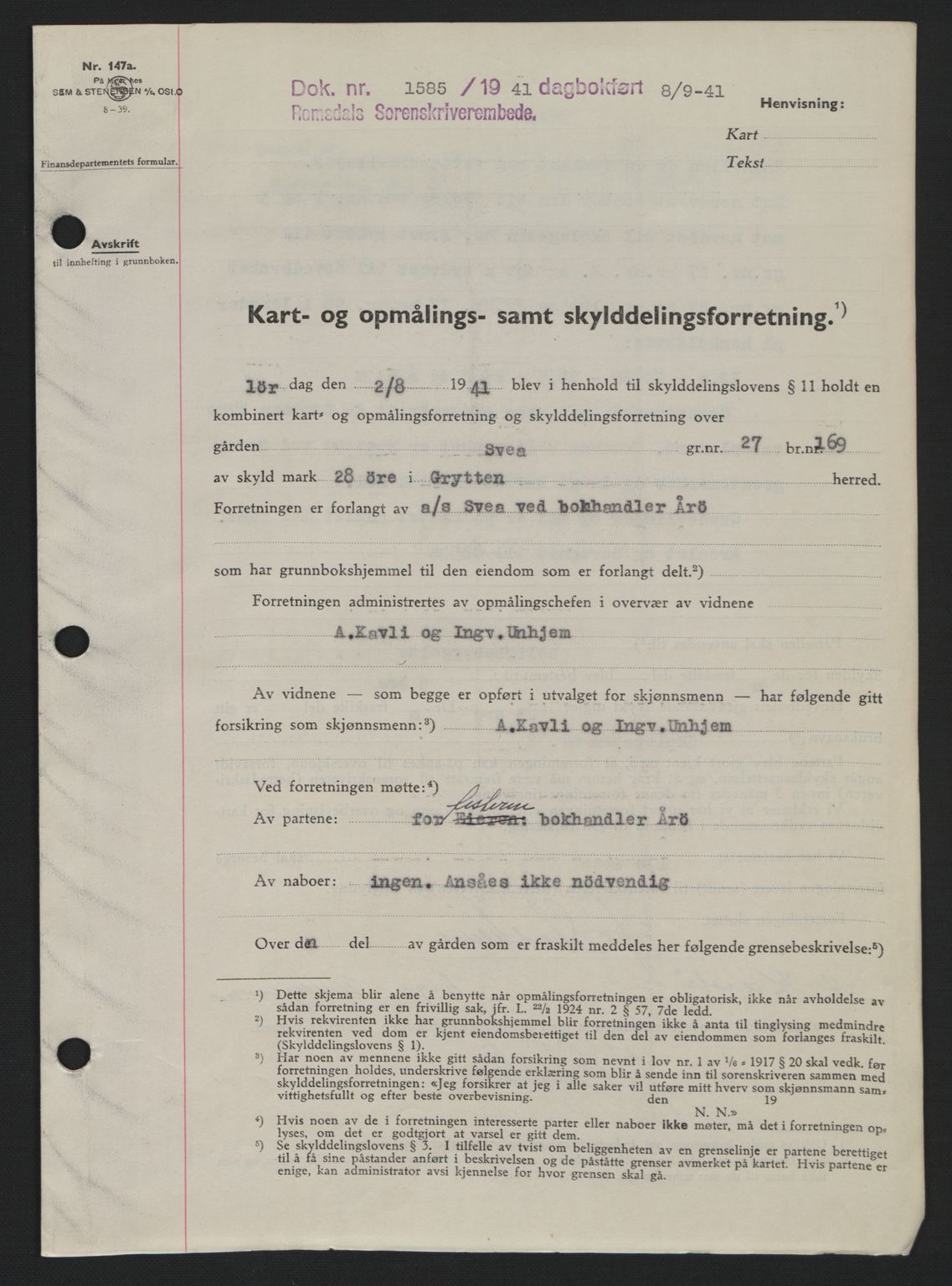 Romsdal sorenskriveri, AV/SAT-A-4149/1/2/2C: Mortgage book no. A10, 1941-1941, Diary no: : 1585/1941