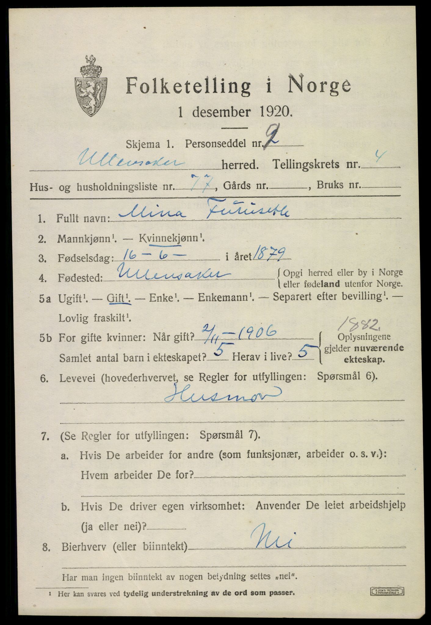 SAO, 1920 census for Ullensaker, 1920, p. 8203