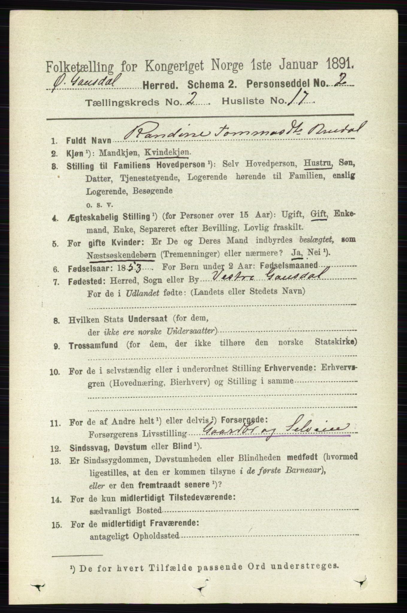 RA, 1891 census for 0522 Østre Gausdal, 1891, p. 1308