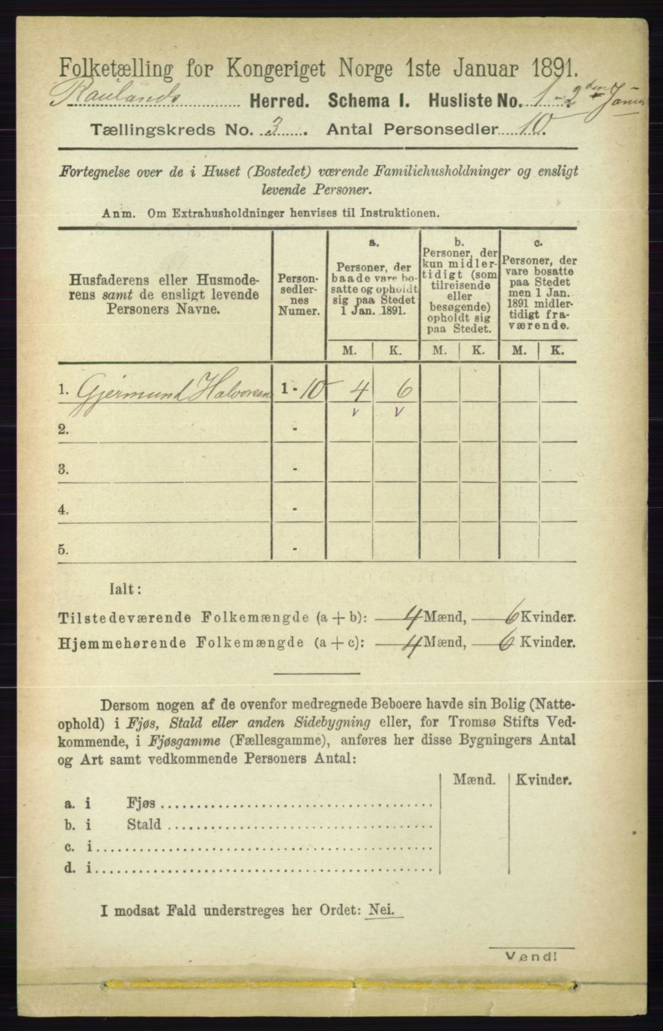 RA, 1891 census for 0835 Rauland, 1891, p. 737