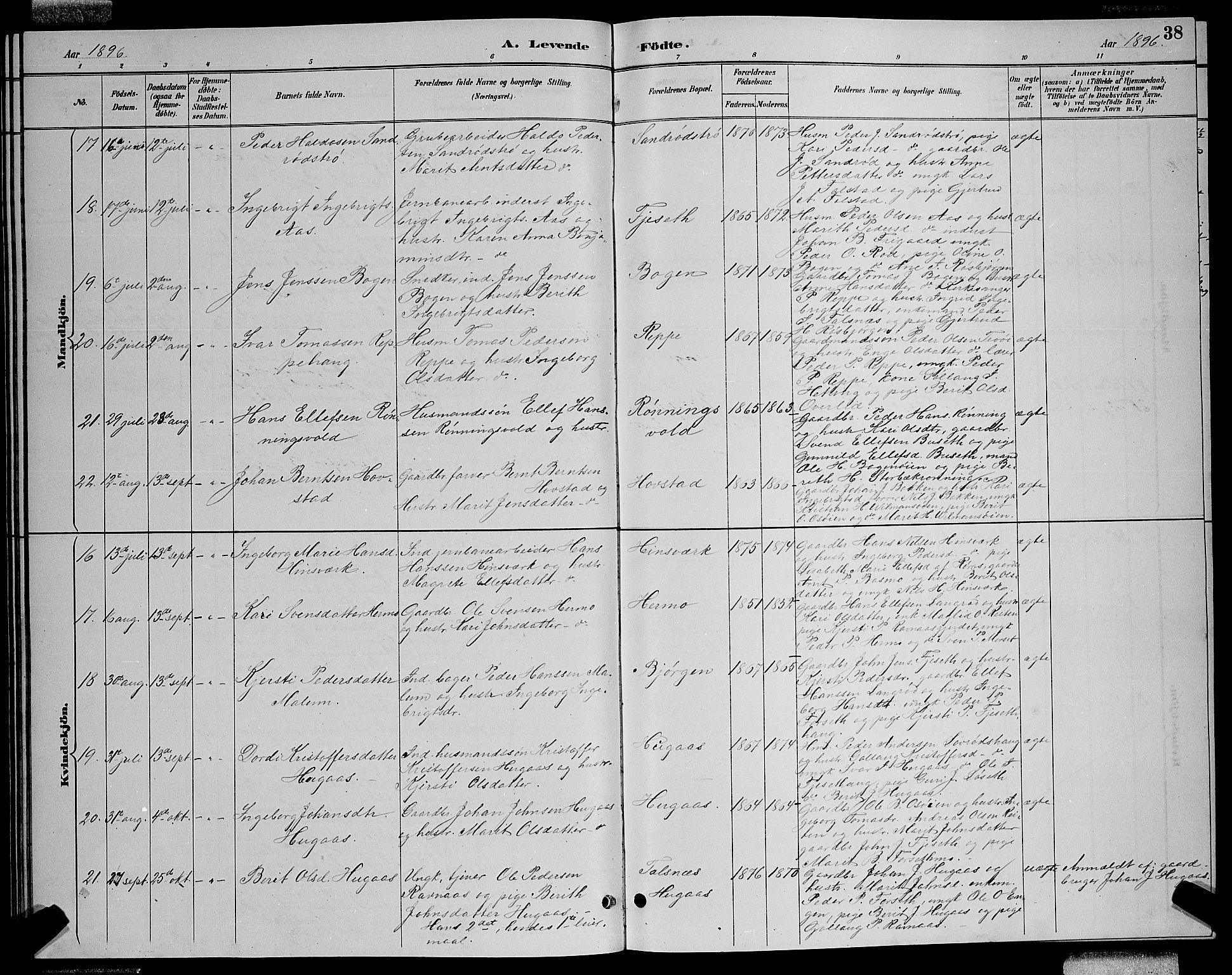 Ministerialprotokoller, klokkerbøker og fødselsregistre - Sør-Trøndelag, AV/SAT-A-1456/688/L1028: Parish register (copy) no. 688C03, 1889-1899, p. 38