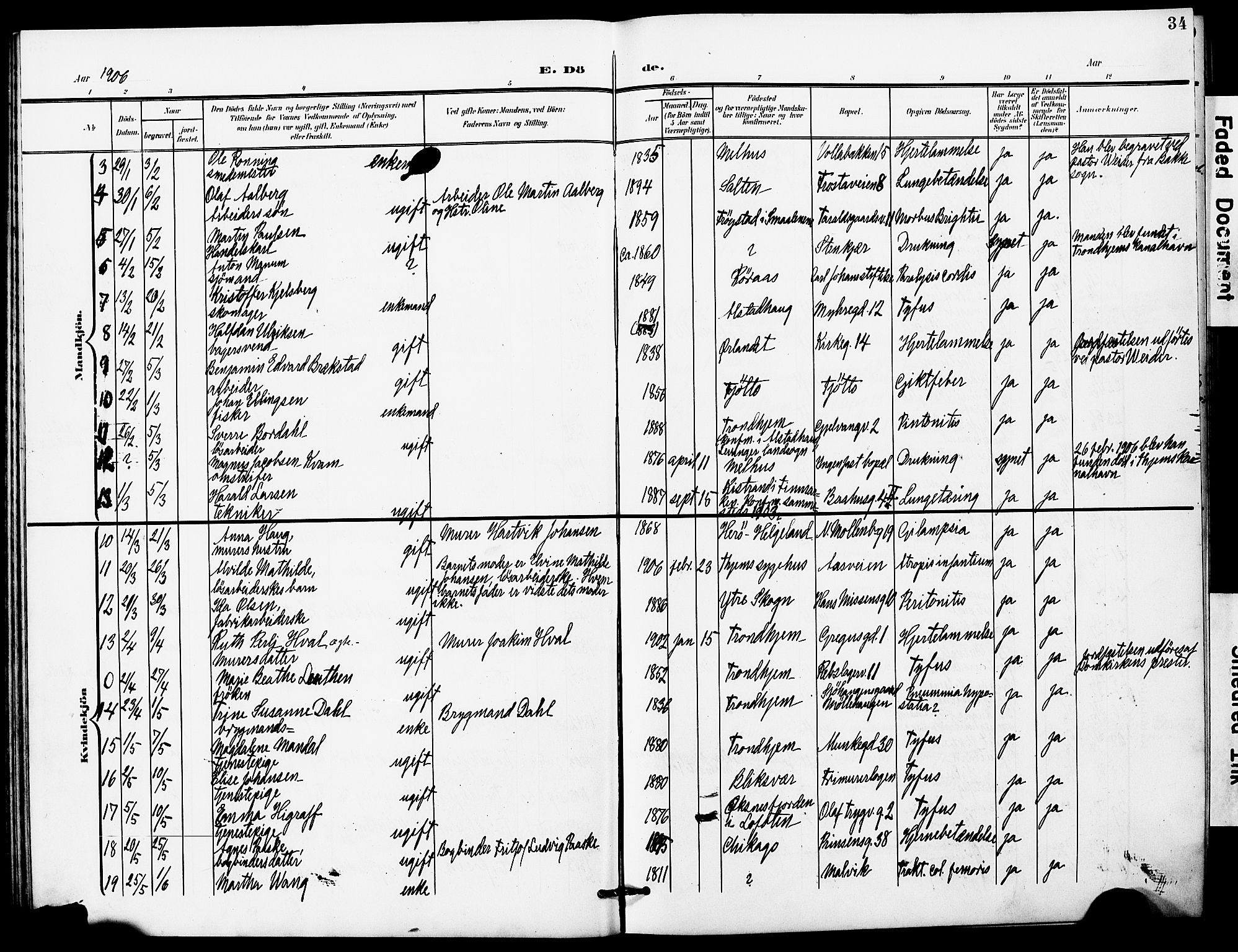 Ministerialprotokoller, klokkerbøker og fødselsregistre - Sør-Trøndelag, AV/SAT-A-1456/628/L0483: Parish register (official) no. 628A01, 1902-1920, p. 34