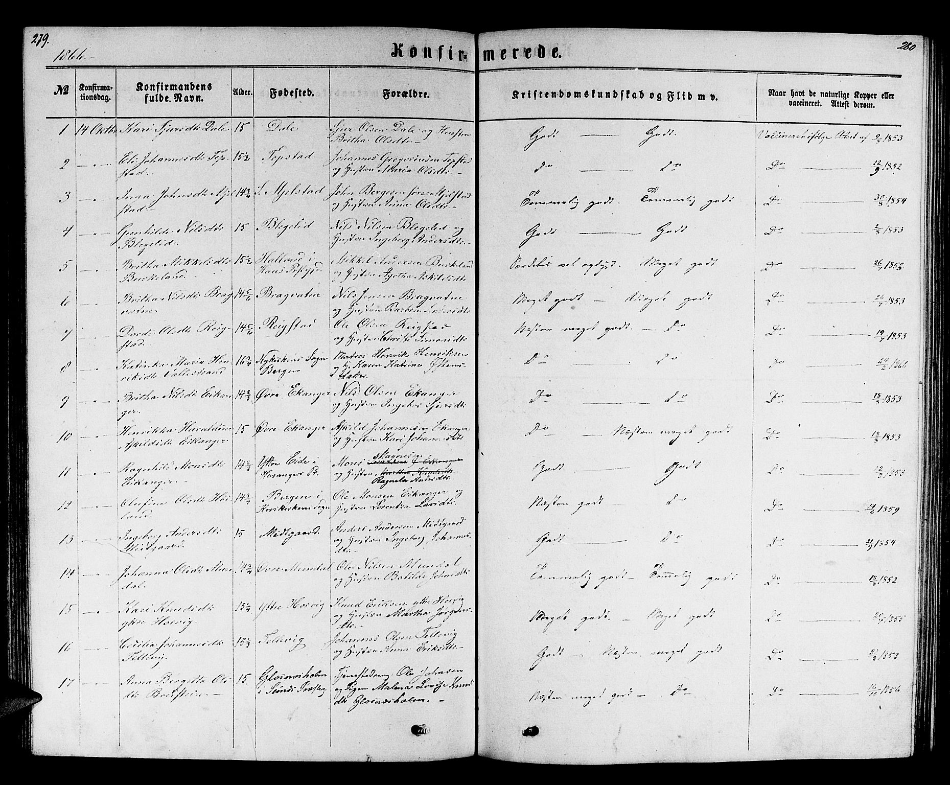 Hamre sokneprestembete, SAB/A-75501/H/Ha/Hab: Parish register (copy) no. B 2, 1863-1880, p. 279-280