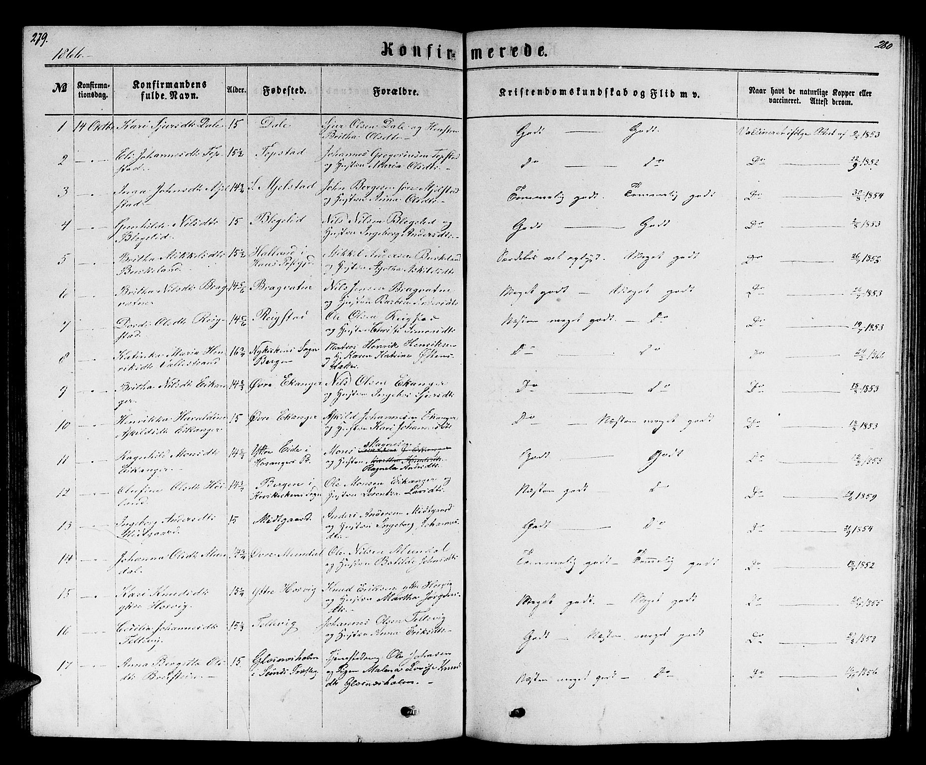 Hamre sokneprestembete, AV/SAB-A-75501/H/Ha/Hab: Parish register (copy) no. B 2, 1863-1880, p. 279-280