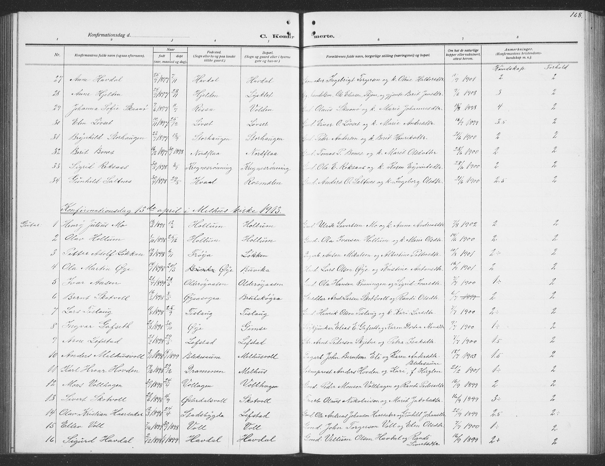 Ministerialprotokoller, klokkerbøker og fødselsregistre - Sør-Trøndelag, SAT/A-1456/691/L1095: Parish register (copy) no. 691C06, 1912-1933, p. 168