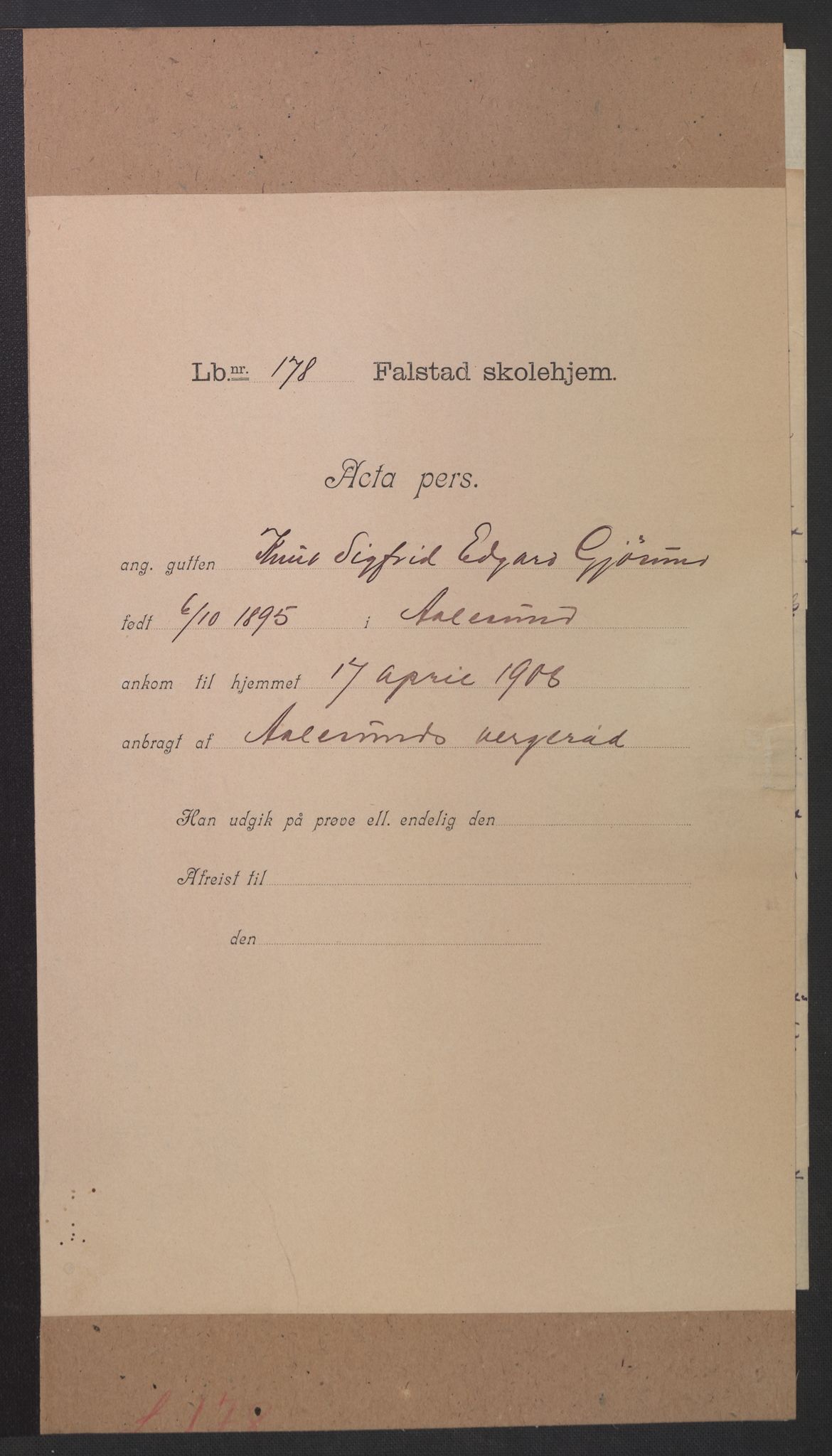 Falstad skolehjem, RA/S-1676/E/Eb/L0008: Elevmapper løpenr. 169-188, 1907-1914, p. 95