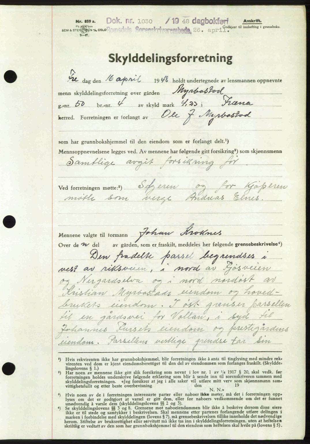 Romsdal sorenskriveri, AV/SAT-A-4149/1/2/2C: Mortgage book no. A26, 1948-1948, Diary no: : 1030/1948