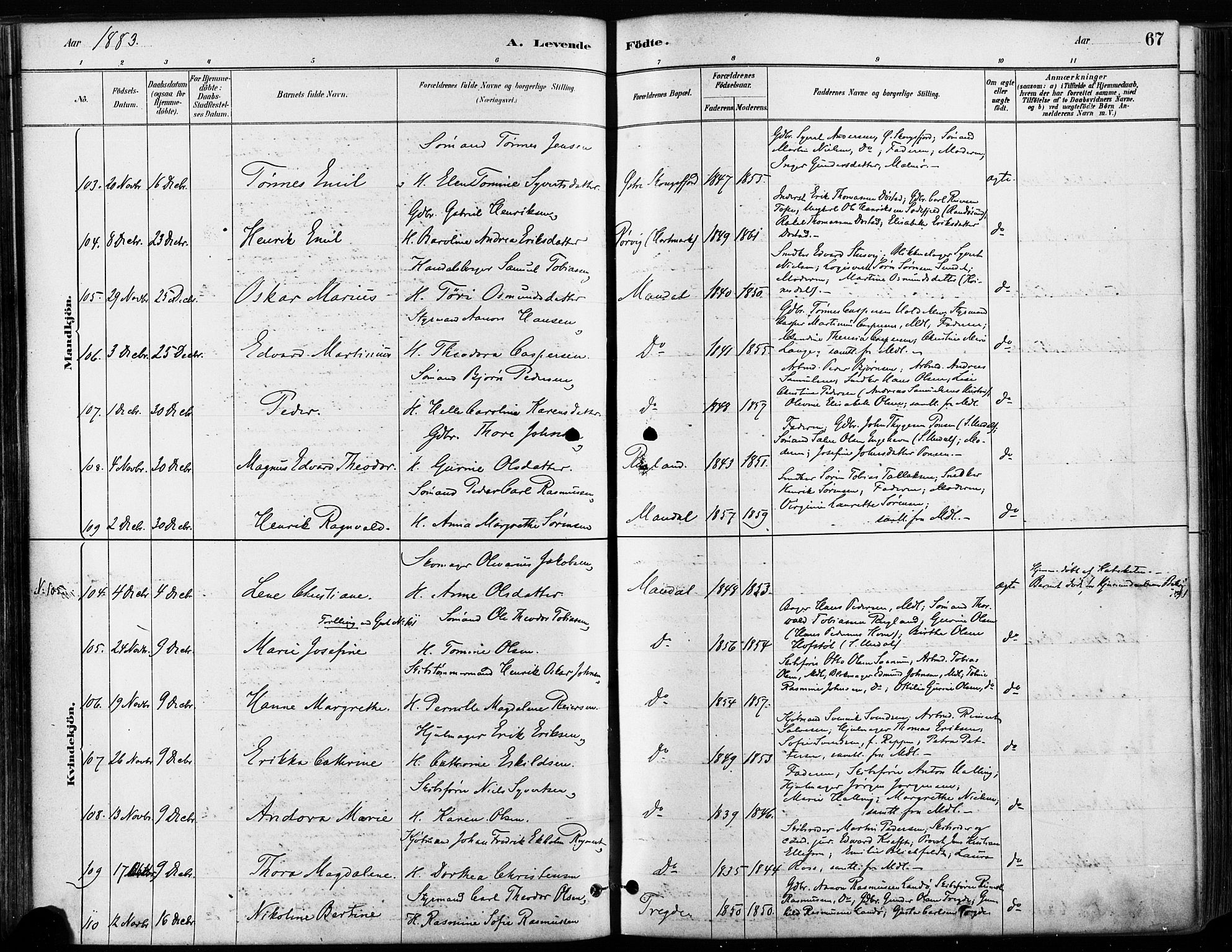 Mandal sokneprestkontor, AV/SAK-1111-0030/F/Fa/Faa/L0016: Parish register (official) no. A 16, 1880-1890, p. 67