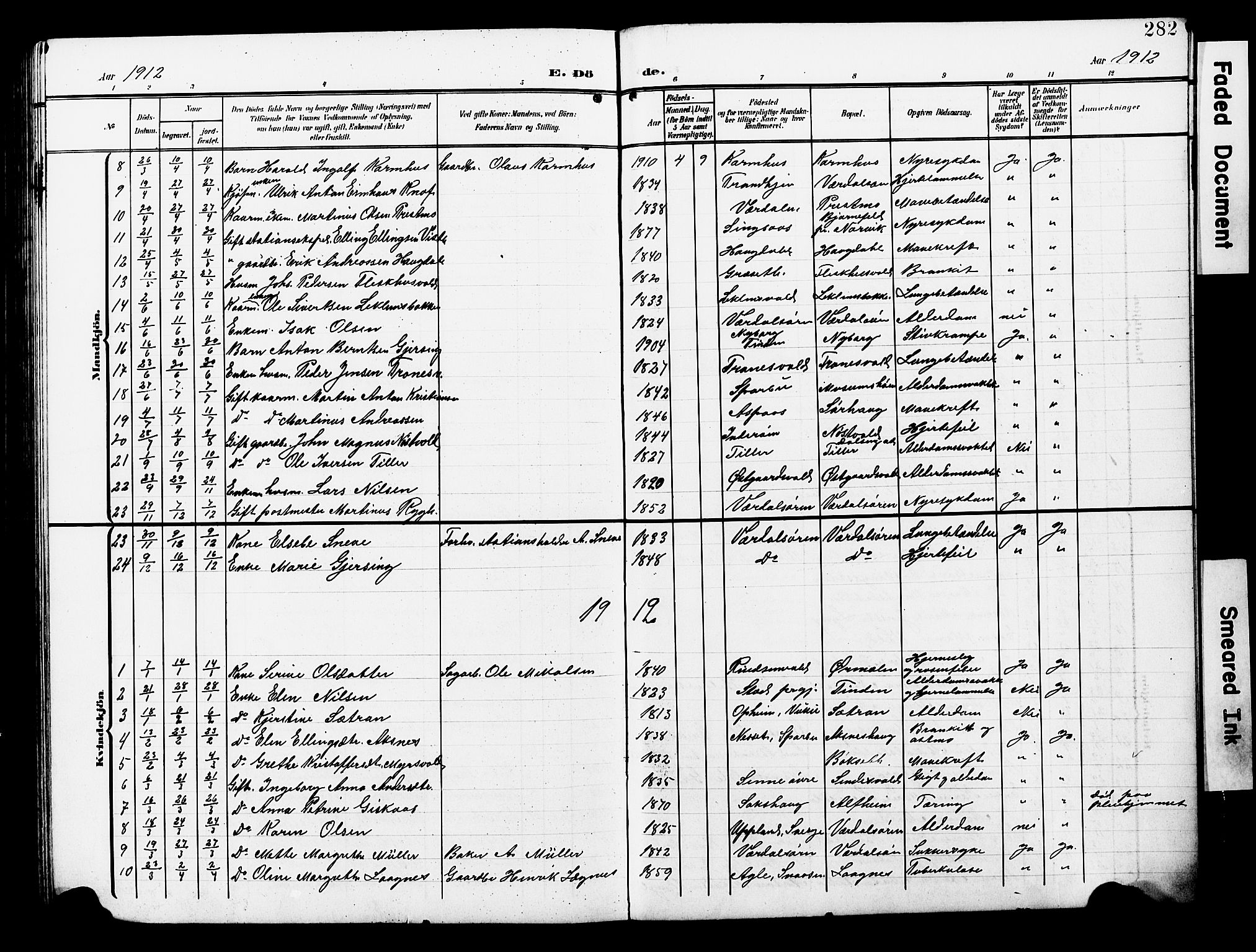 Ministerialprotokoller, klokkerbøker og fødselsregistre - Nord-Trøndelag, AV/SAT-A-1458/723/L0258: Parish register (copy) no. 723C06, 1908-1927, p. 282