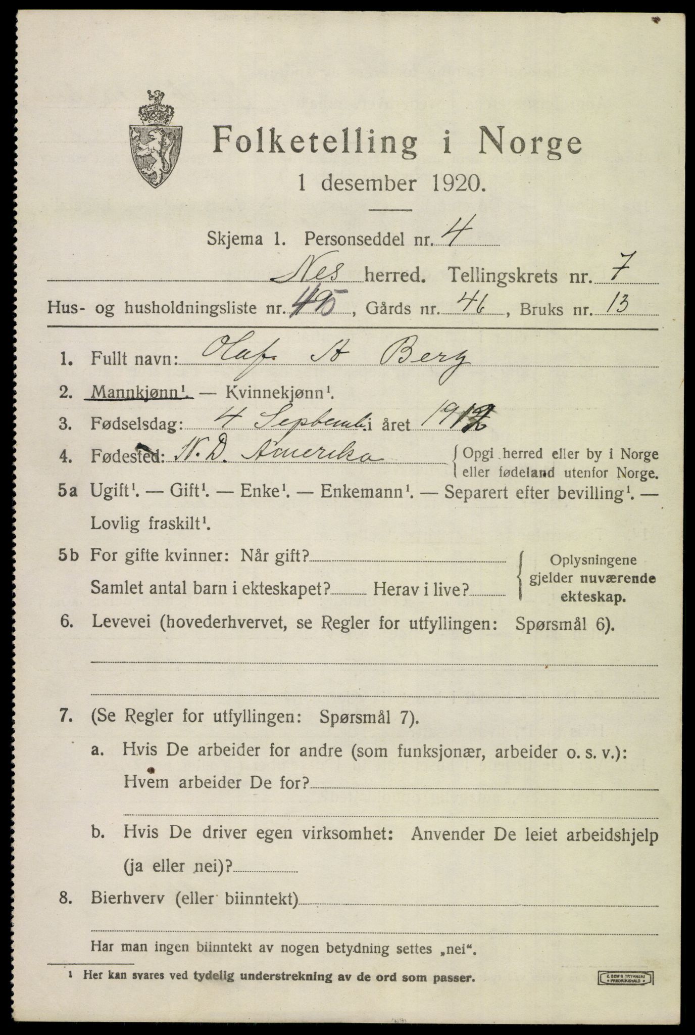 SAKO, 1920 census for Nes (Buskerud), 1920, p. 4998