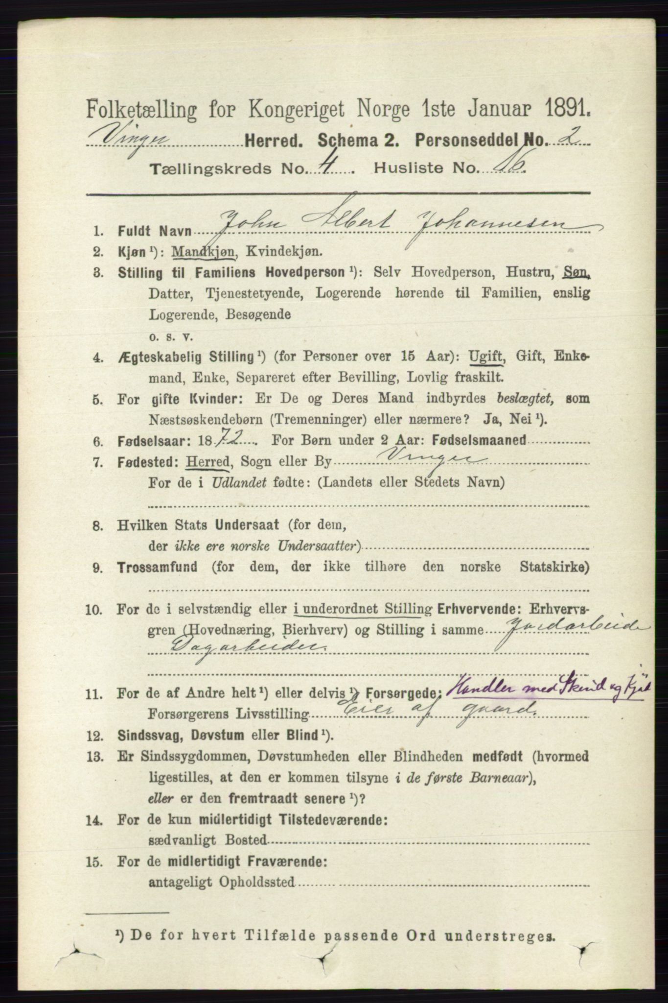 RA, 1891 census for 0421 Vinger, 1891, p. 1722