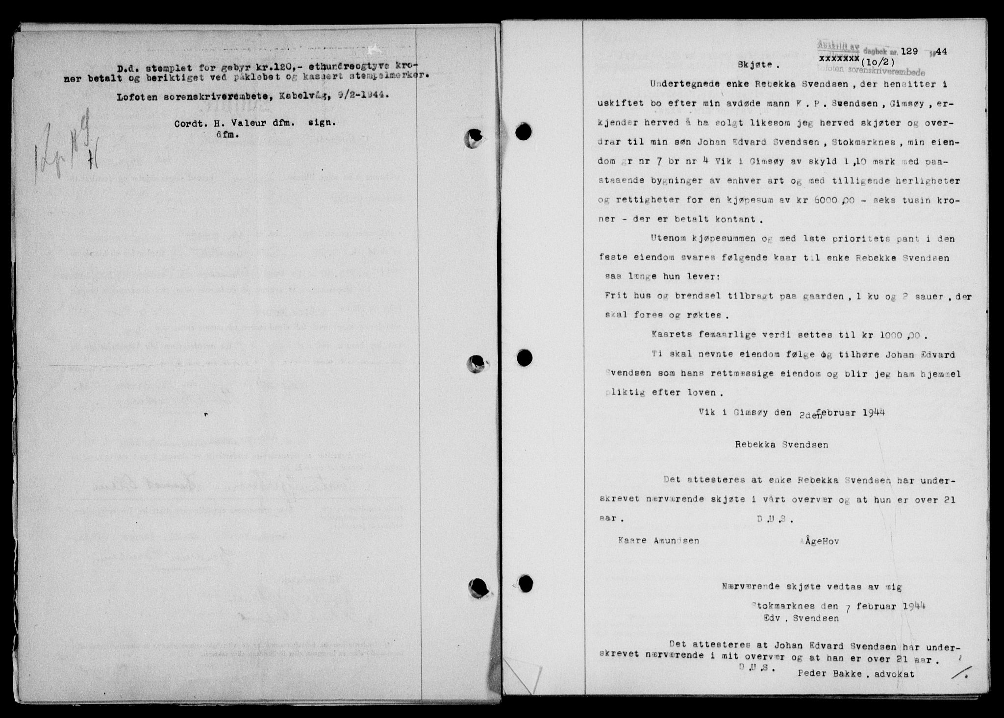 Lofoten sorenskriveri, SAT/A-0017/1/2/2C/L0012a: Mortgage book no. 12a, 1943-1944, Diary no: : 129/1944