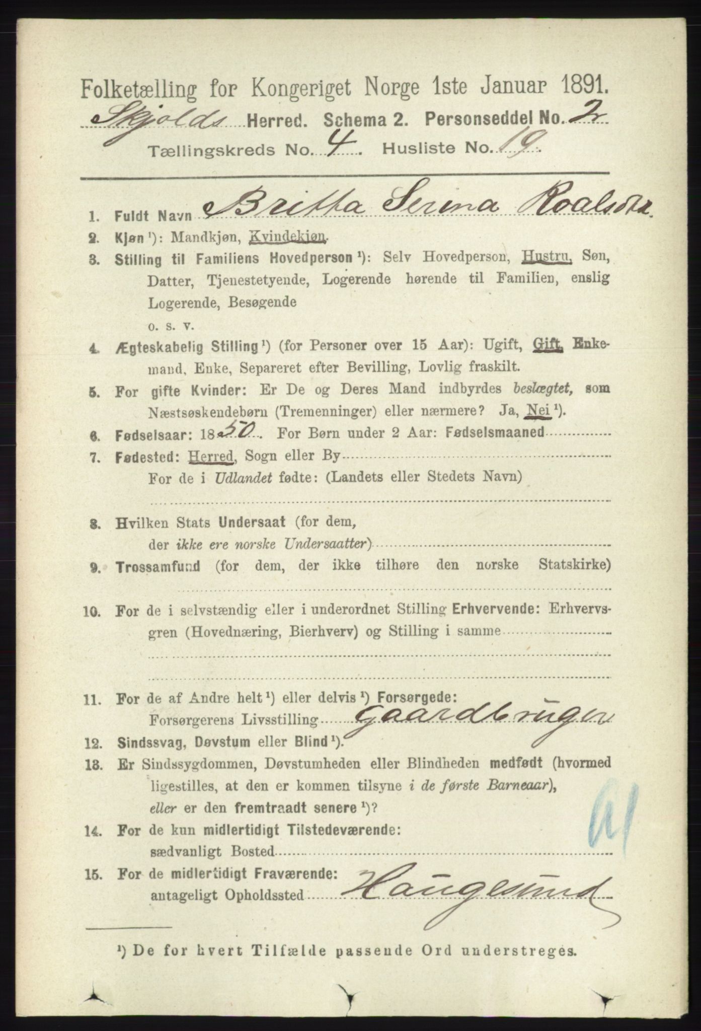 RA, 1891 census for 1154 Skjold, 1891, p. 631