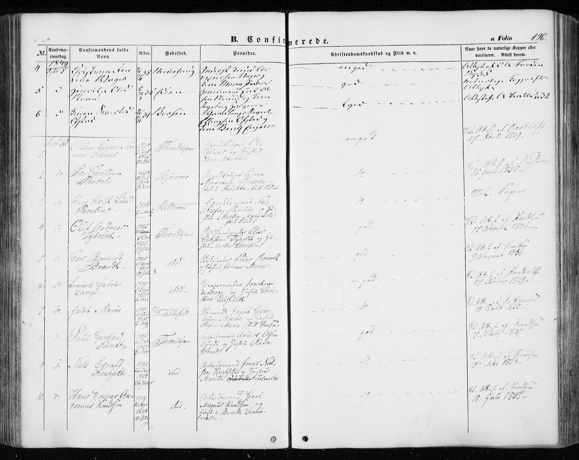 Ministerialprotokoller, klokkerbøker og fødselsregistre - Sør-Trøndelag, SAT/A-1456/601/L0051: Parish register (official) no. 601A19, 1848-1857, p. 196