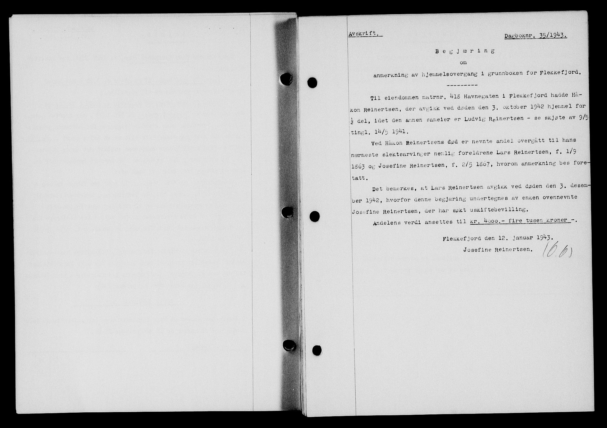 Flekkefjord sorenskriveri, SAK/1221-0001/G/Gb/Gba/L0058: Mortgage book no. A-6, 1942-1944, Diary no: : 35/1943