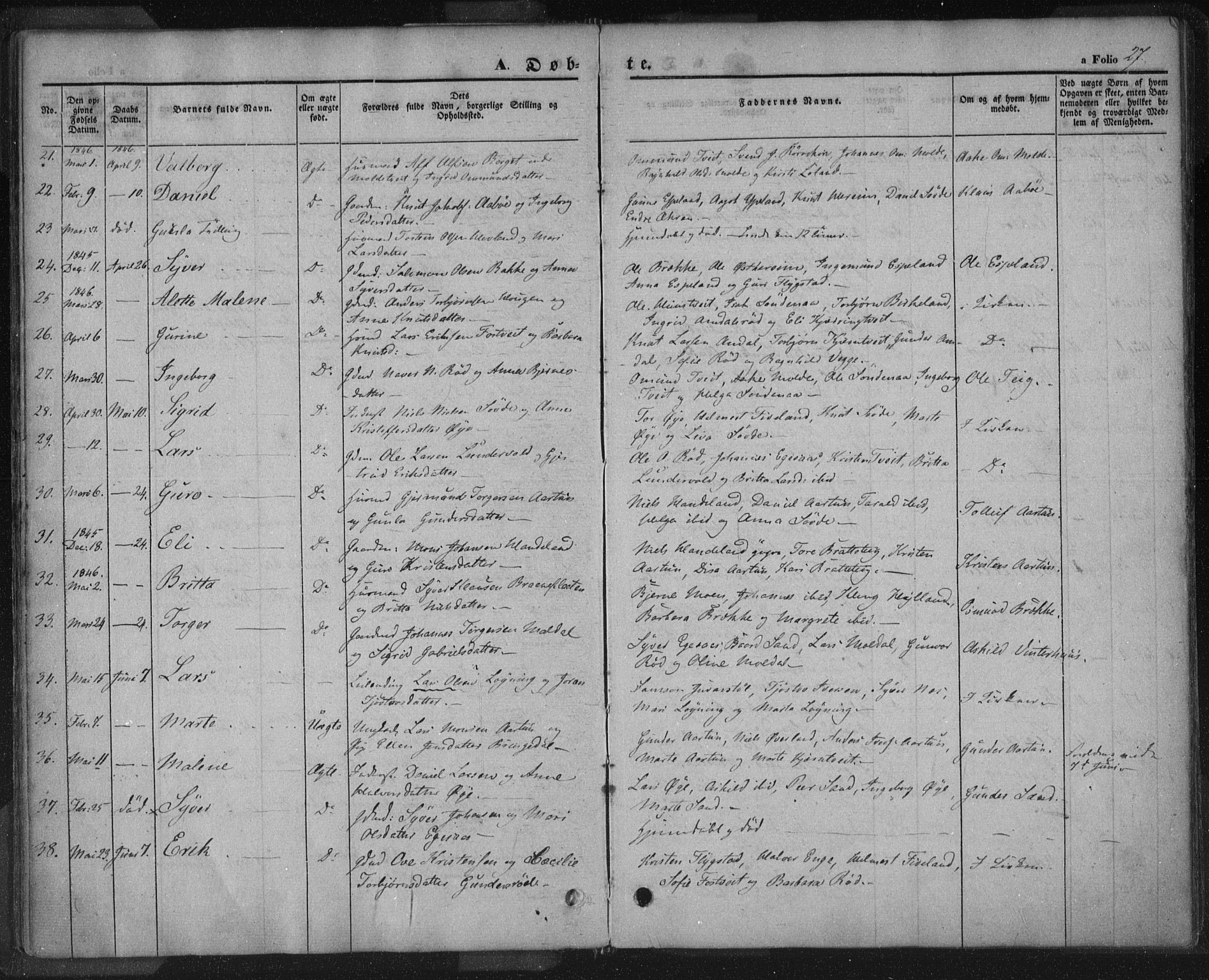 Sand sokneprestkontor, AV/SAST-A-101848/01/III/L0002: Parish register (official) no. A 2, 1838-1859, p. 27