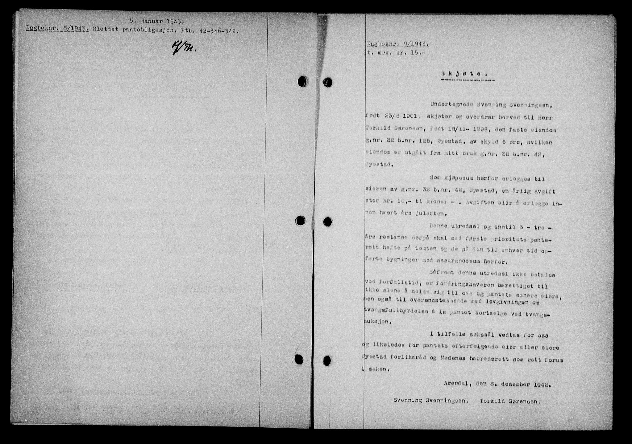 Nedenes sorenskriveri, SAK/1221-0006/G/Gb/Gba/L0050: Mortgage book no. A-IV, 1942-1943, Diary no: : 9/1943